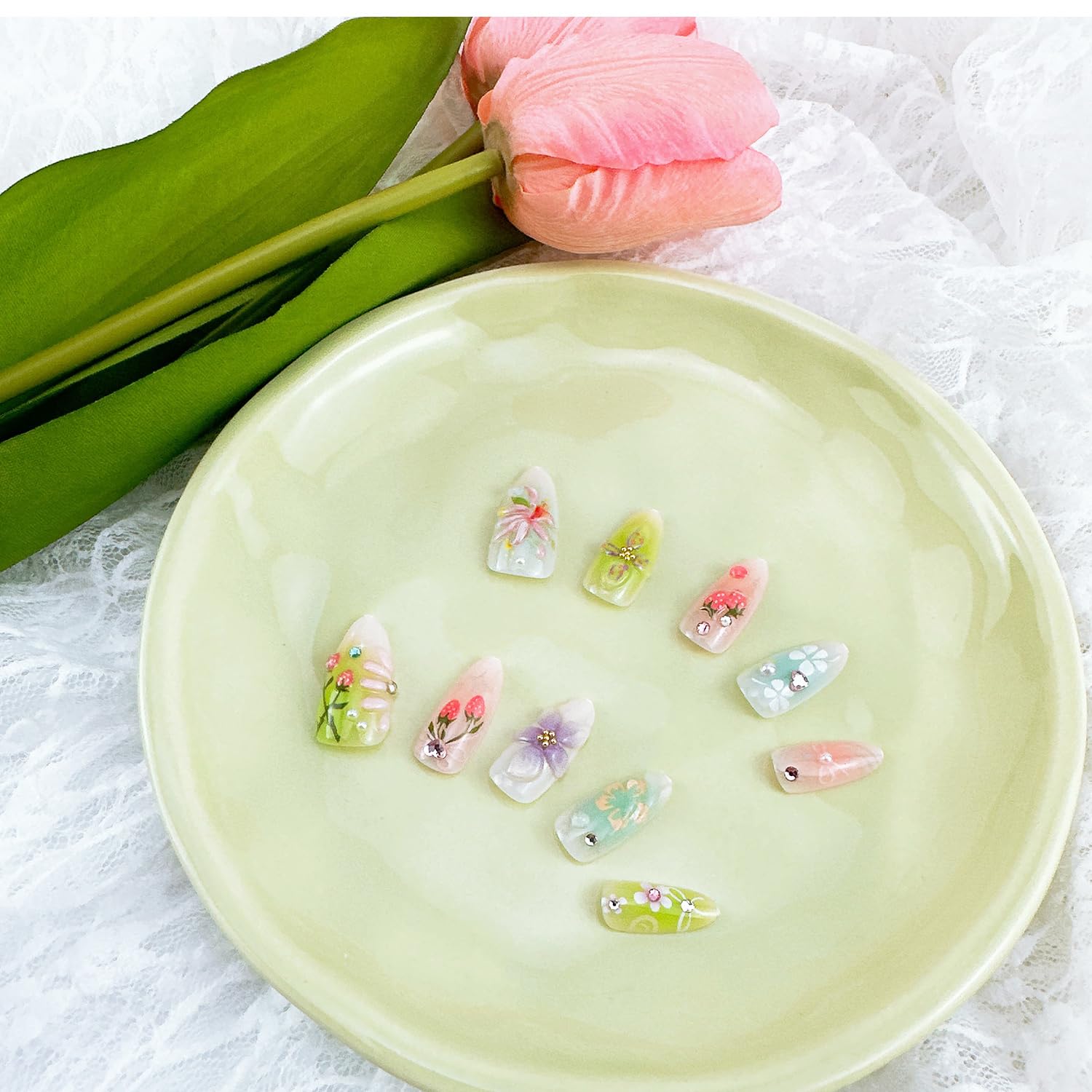 Cute Floral Almond 3D Colorful Rhinestone Press-On Nails Fake Nails 30 Pcs – Free Shipping