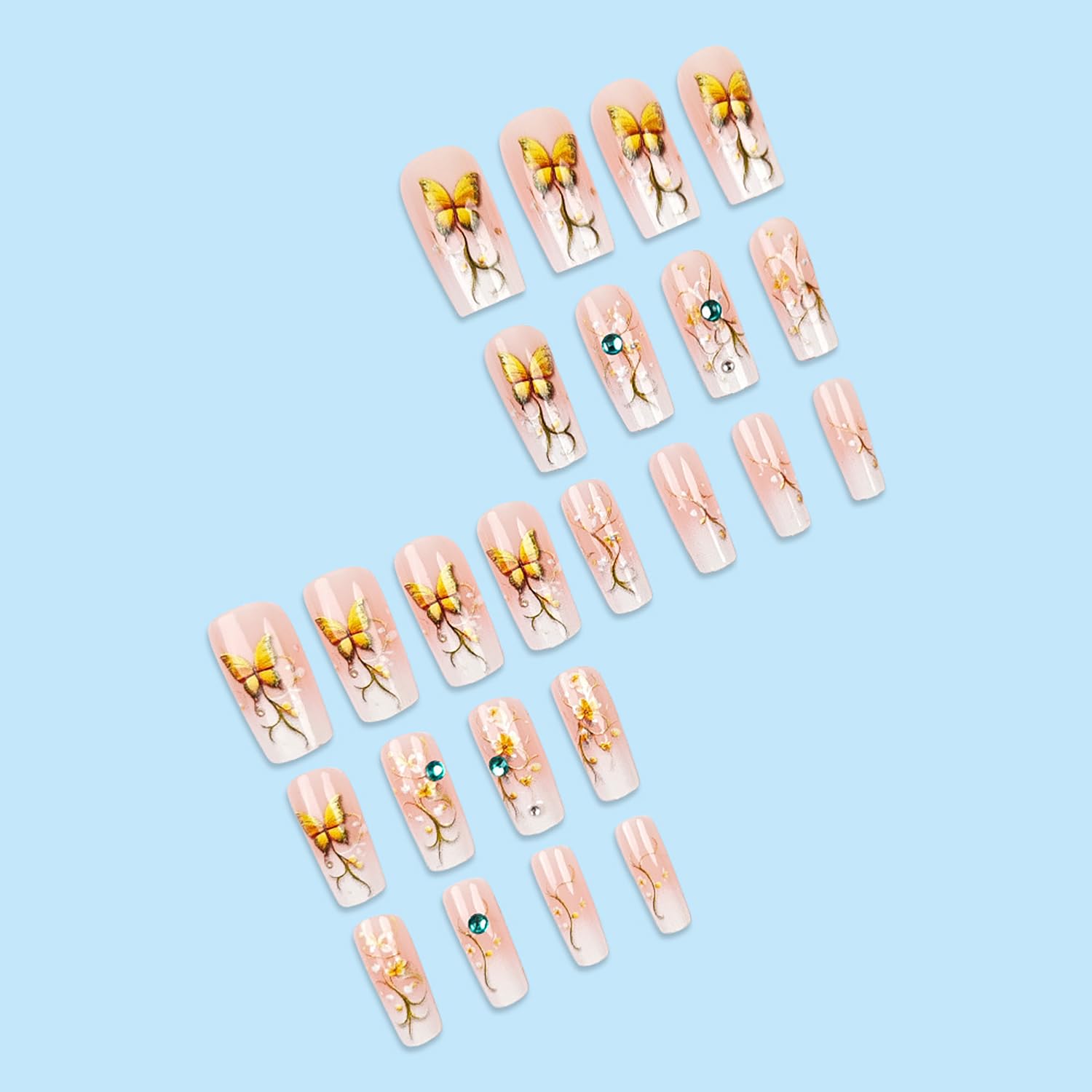 Butterfly French Floral Rhinestone Press-On Nails Fake Nails 24 Pcs - Free Shipping