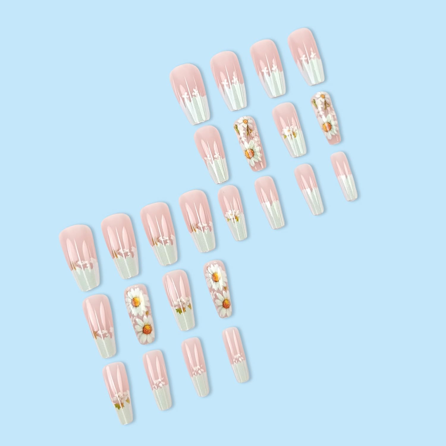 Cute Daisy Floral French Tip Press-On Nails Fake Nails 24 Pcs - Free Shipping