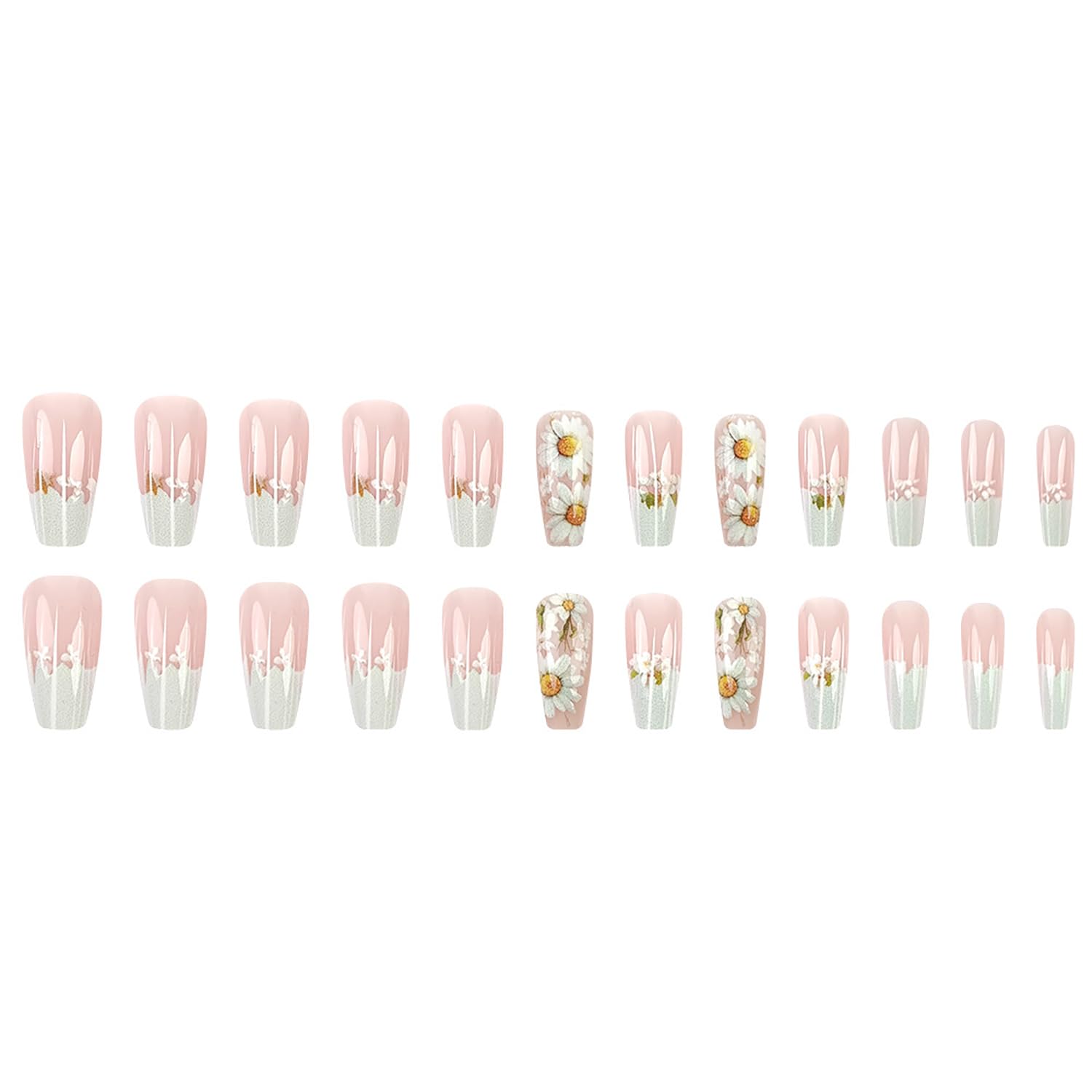Cute Daisy Floral French Tip Press-On Nails Fake Nails 24 Pcs - Free Shipping