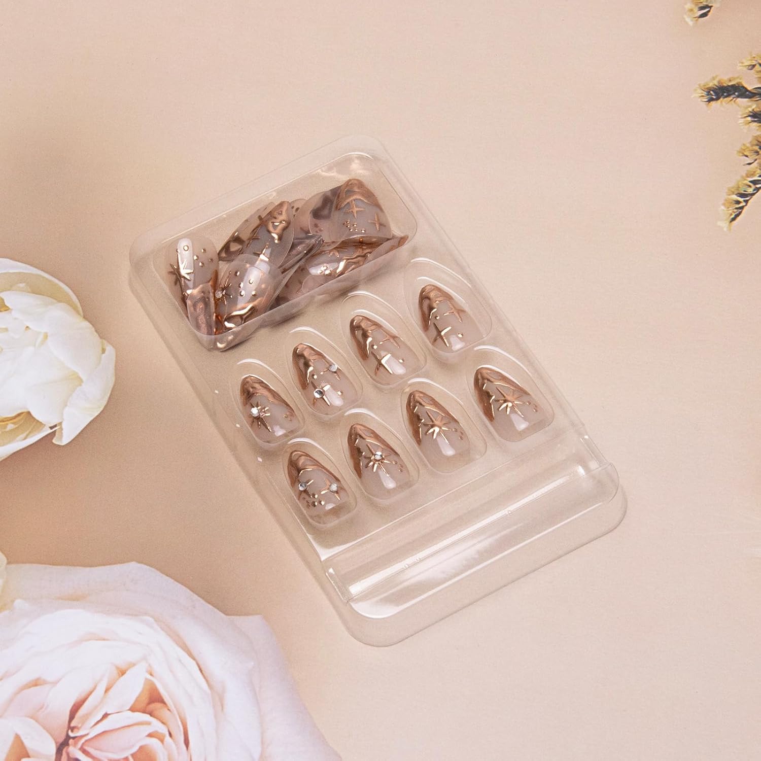 Elegant Gold 3D French Metallic Star Almond Press-On Nails False Nails 24 Pcs – Free Shipping