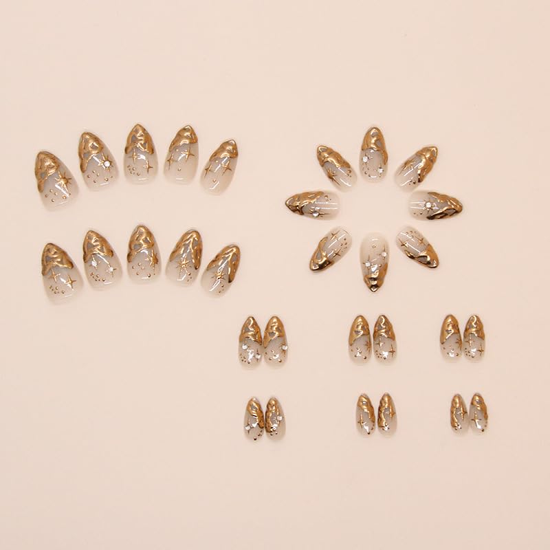 Elegant Gold 3D French Metallic Star Almond Press-On Nails False Nails 24 Pcs – Free Shipping