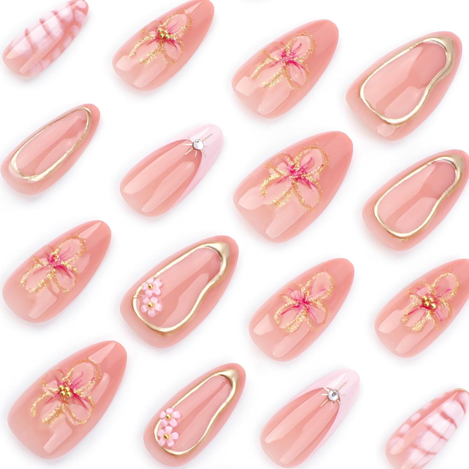 Stylish 3D Gold Floral French Rhinestone Press-On Nails Fake Nails 24 Pcs - Free Shipping
