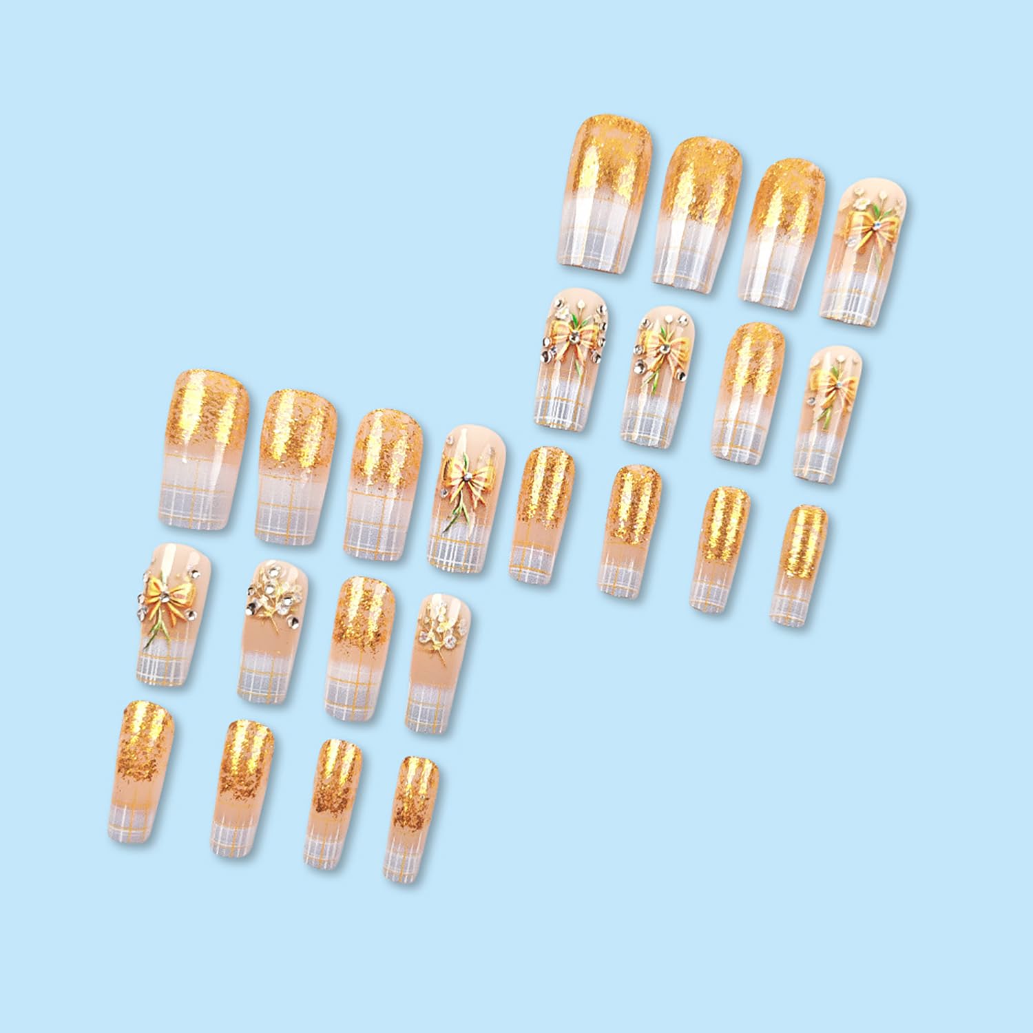 Gold Glitter Bow French Stripe Press-On Nails Fake Nails 24 Pcs – Free Shipping