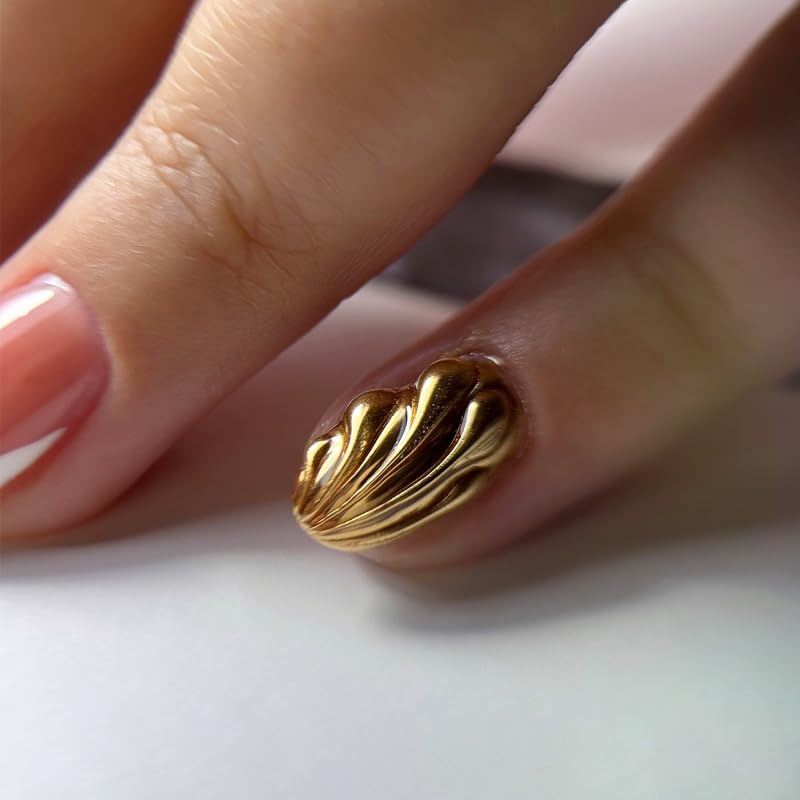 Luxurious Gold Chrome 3D Swirl Nude Almond Press-On Nails False Nails 24 Pcs – Free Shipping