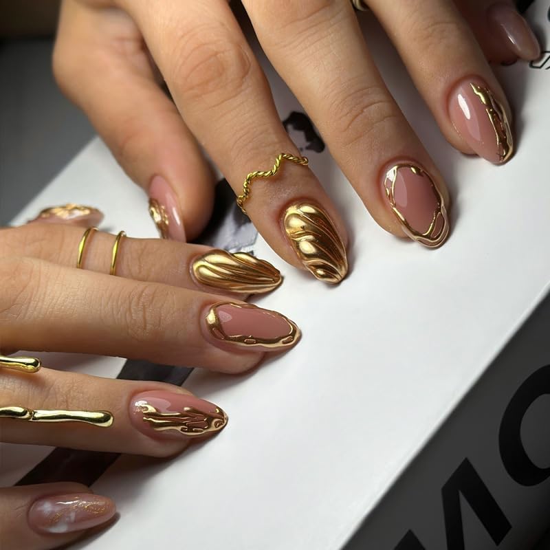 Luxurious Gold Chrome 3D Swirl Nude Almond Press-On Nails False Nails 24 Pcs – Free Shipping