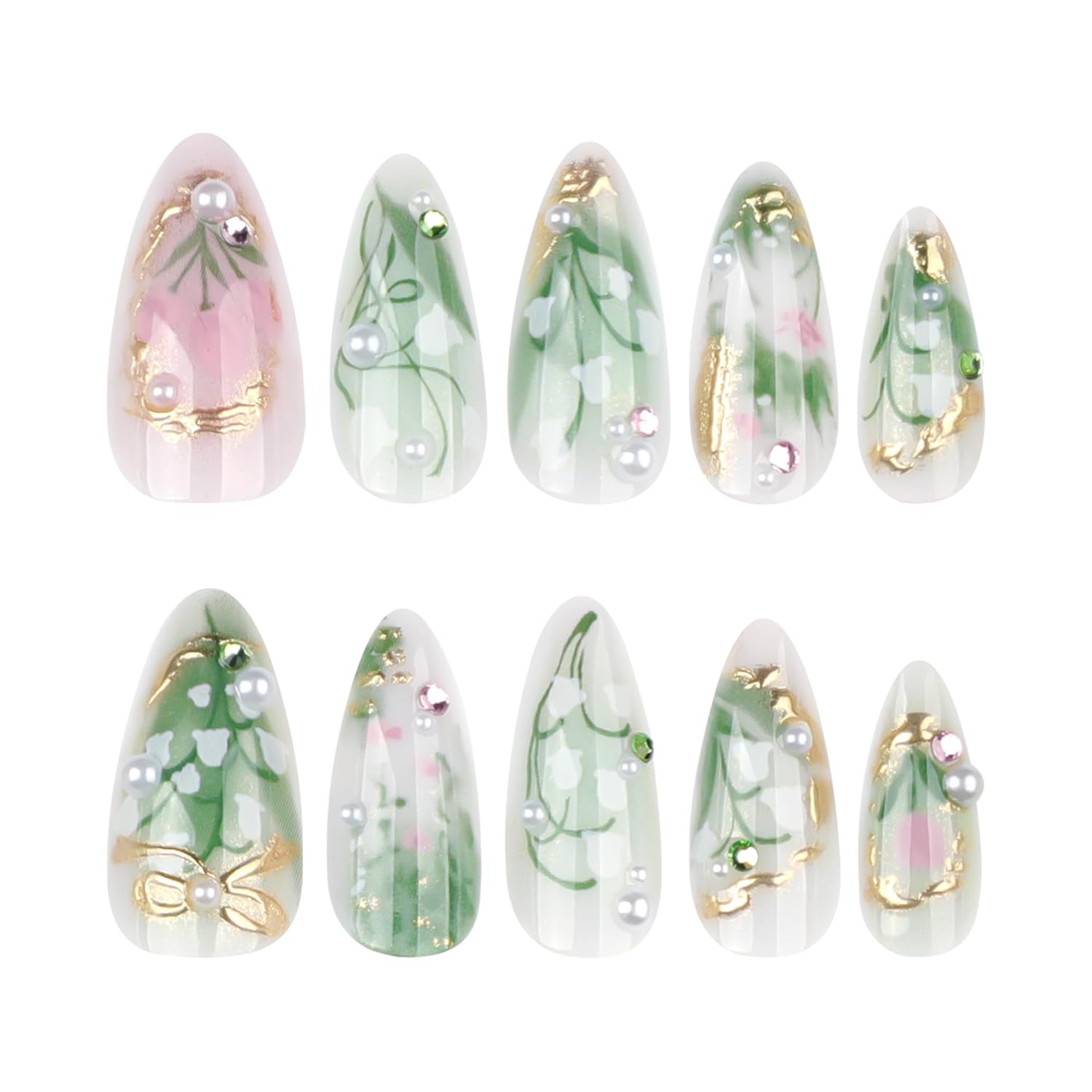 Elegant Green Floral Pearl Glitter Almond Press-On Nails Artificial False Nails 24 Pcs – Free Shipping