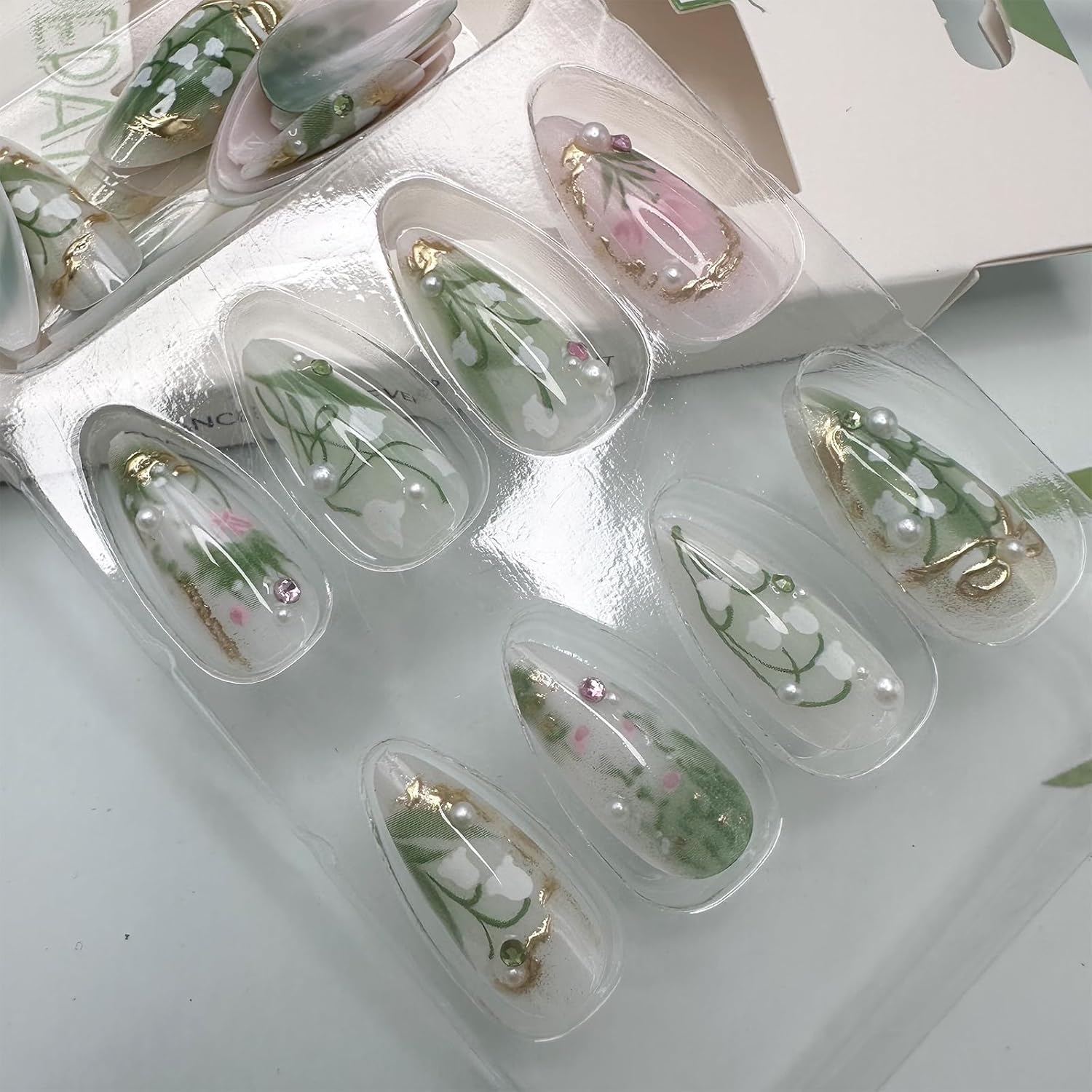 Elegant Green Floral Pearl Glitter Almond Press-On Nails Artificial False Nails 24 Pcs – Free Shipping