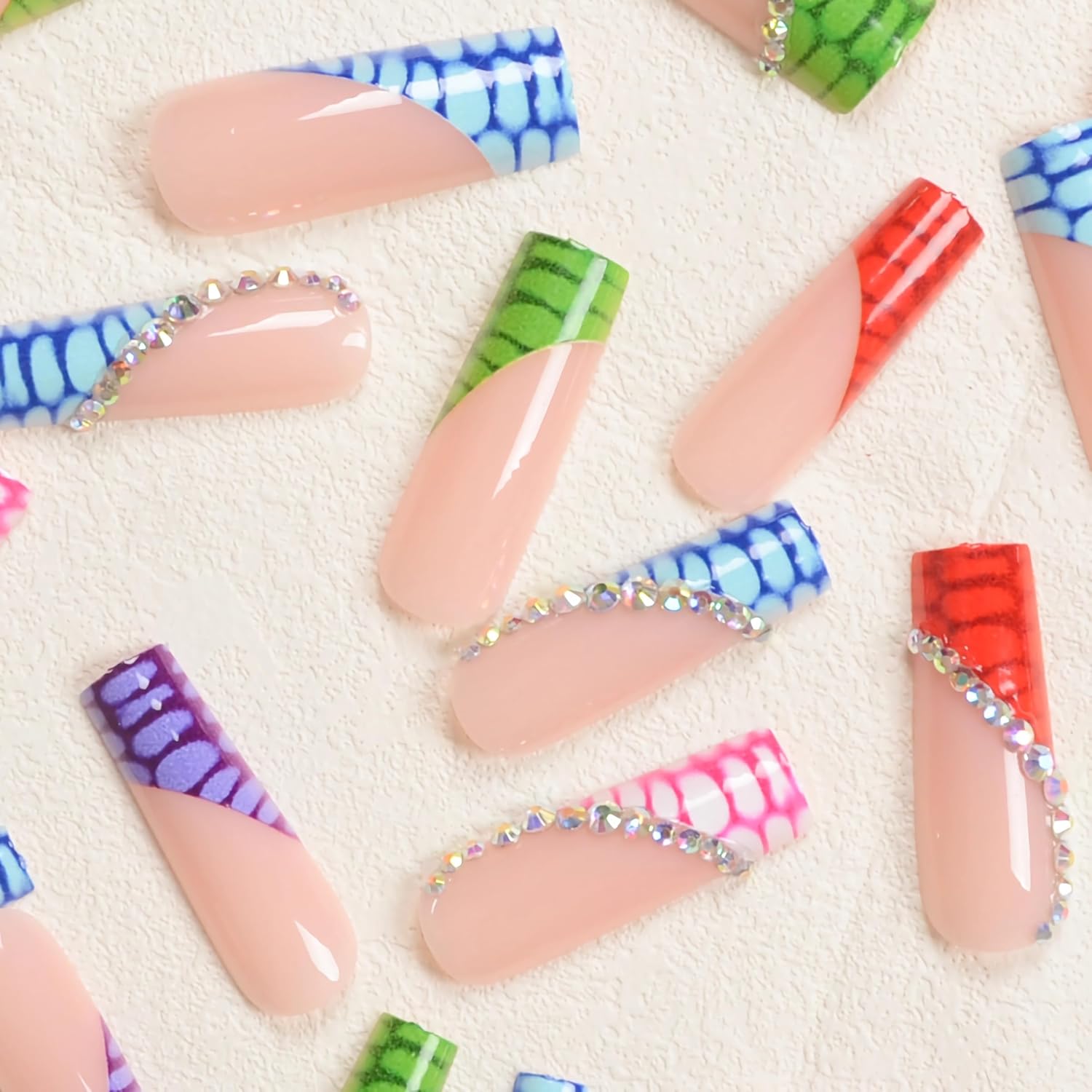 Vibrant Multicolor Croc French 3D Rhinestone Coffin Press-On Nails Fake Nails 24 Pcs - Free Shipping