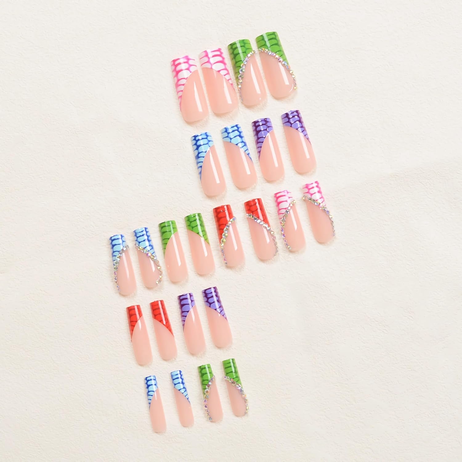 Vibrant Multicolor Croc French 3D Rhinestone Coffin Press-On Nails Fake Nails 24 Pcs - Free Shipping