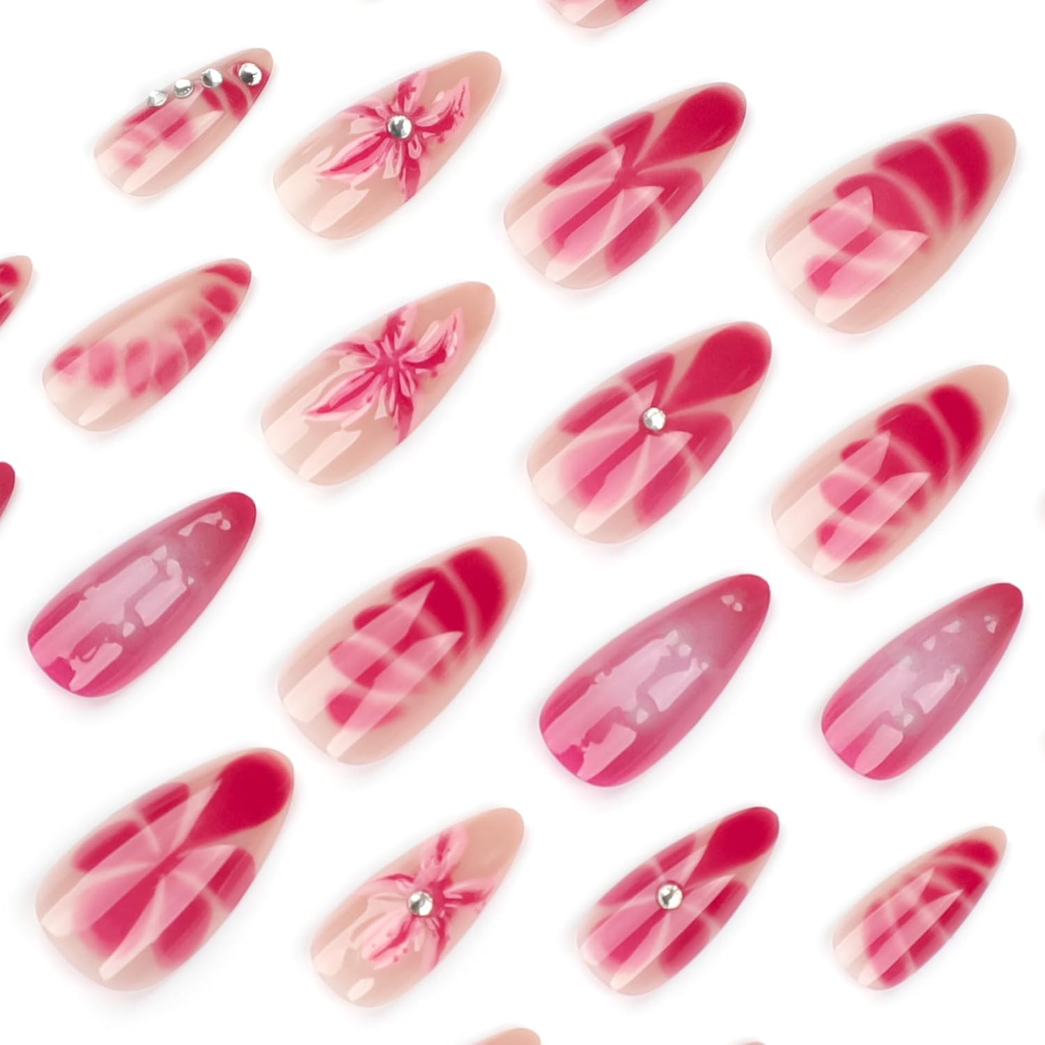 Elegant Pink 3D Floral Rhinestone Press-On Nails Fake Nails 24 Pcs - Free Shipping