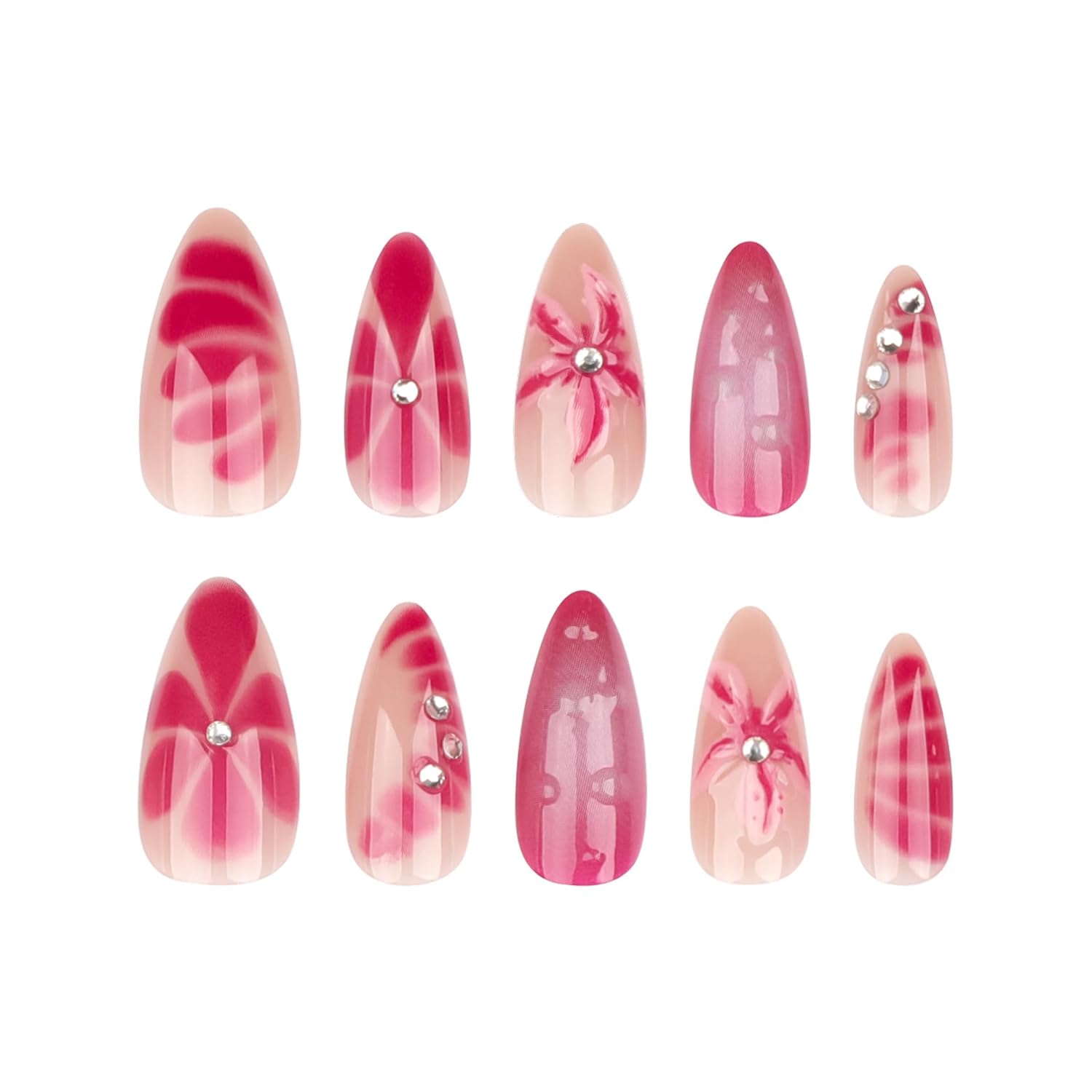 Elegant Pink 3D Floral Rhinestone Press-On Nails Fake Nails 24 Pcs - Free Shipping