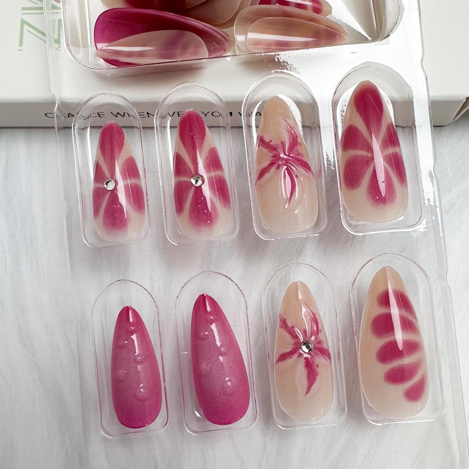 Elegant Pink 3D Floral Rhinestone Press-On Nails Fake Nails 24 Pcs - Free Shipping