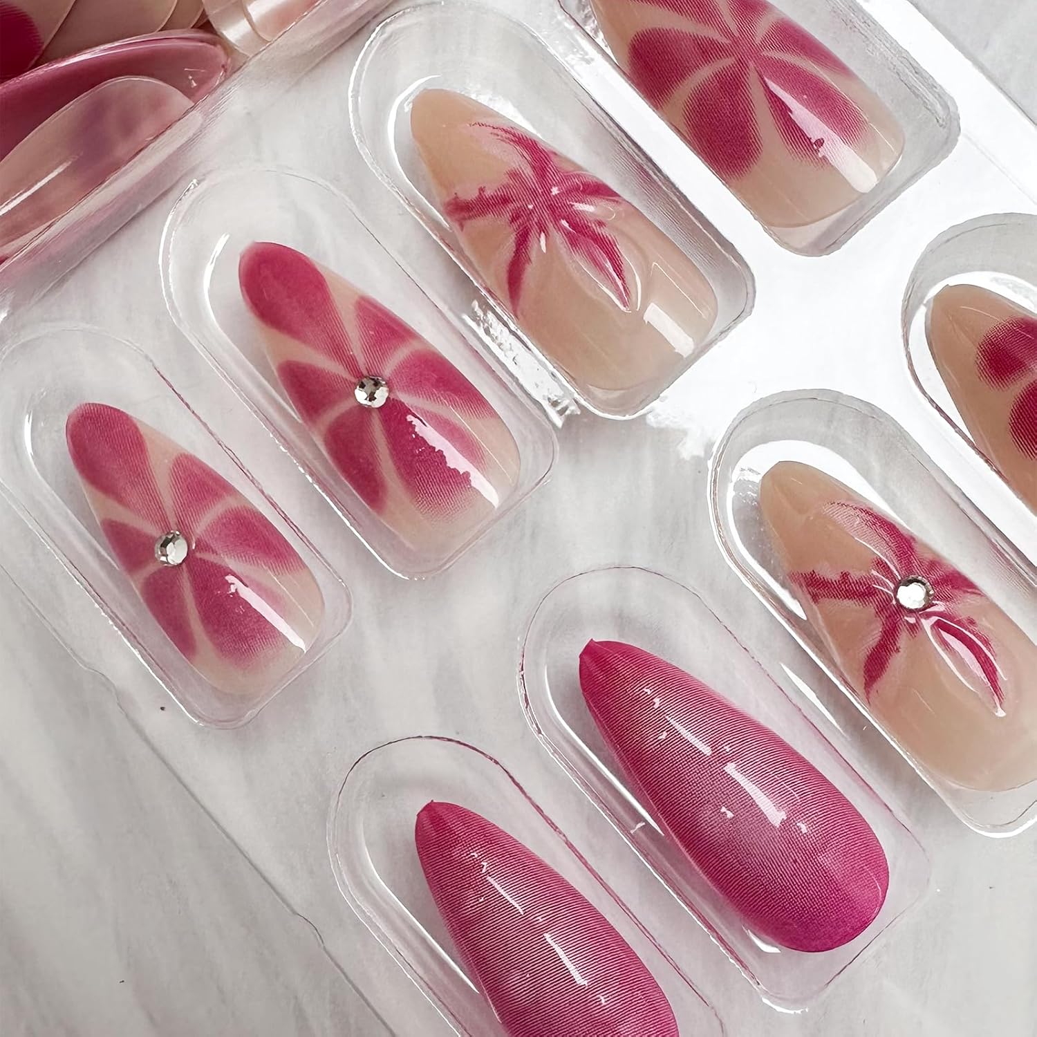 Elegant Pink 3D Floral Rhinestone Press-On Nails Fake Nails 24 Pcs - Free Shipping