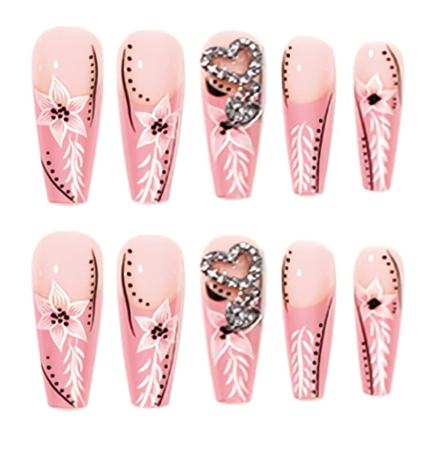 Elegant Pink Floral 3D Heart Rhinestones Coffin Press-On Nails False Nails 24 Pcs - Free Shipping
