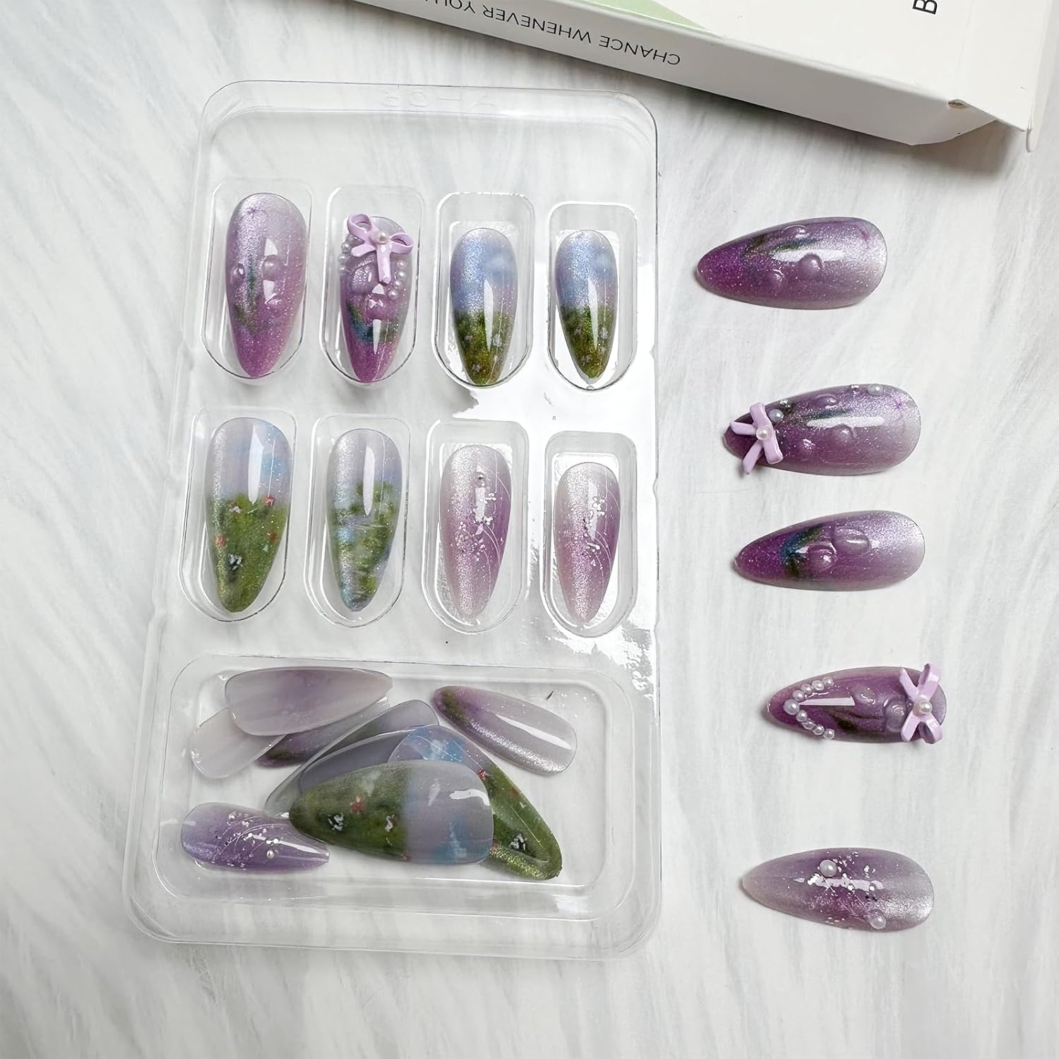 Elegant Purple Ombre 3D Bow Pearl Rhinestone Almond Press-On Nails Fake Nails 24 Pcs - Free Shipping