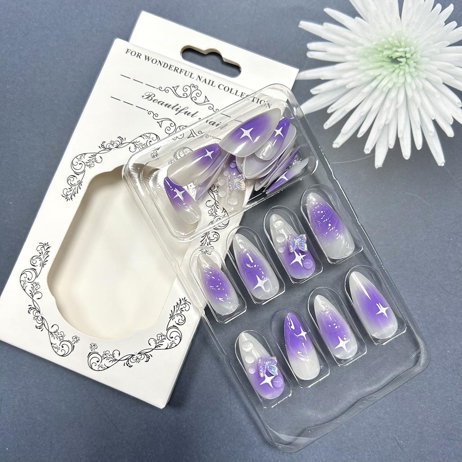 Elegant Purple Pearl Ombre 3D Butterfly Shell Almond Press-On Nails False Nails 24 Pcs – Free Shipping