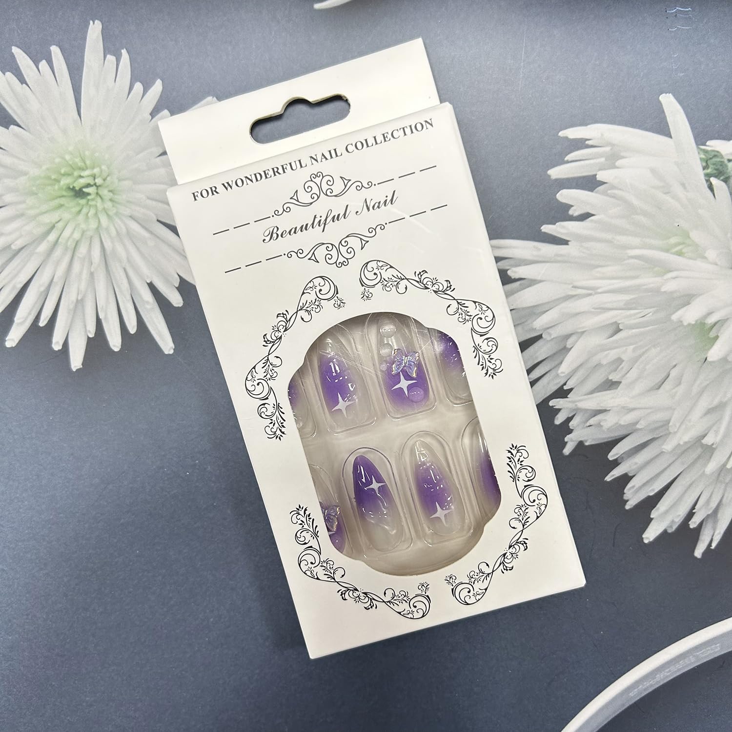 Elegant Purple Pearl Ombre 3D Butterfly Shell Almond Press-On Nails False Nails 24 Pcs – Free Shipping