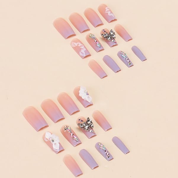 Stylish Ombre 3D Floral Butterfly Rhinestone Coffin Press-On Nails Artificial Nails 24 Pcs - Free Shipping