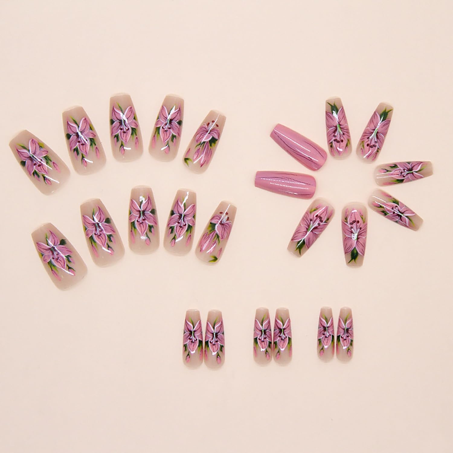 Pink Lily Floral Press-On Nails Artificial Nails 24 Pcs - Free Shipping