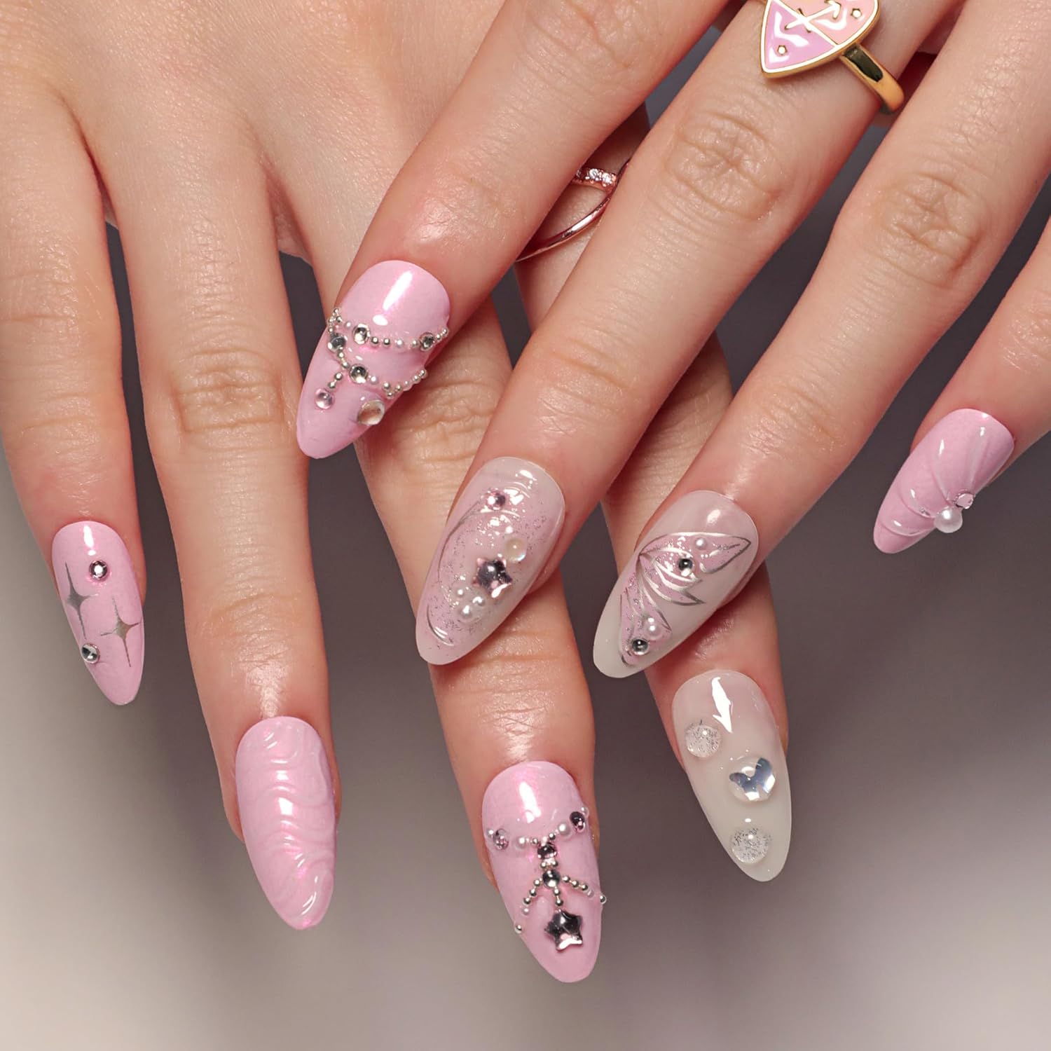 Glam Pink 3D Metallic Rhinestone Press-On Nails Fake Nails 24 Pcs – Free Shipping