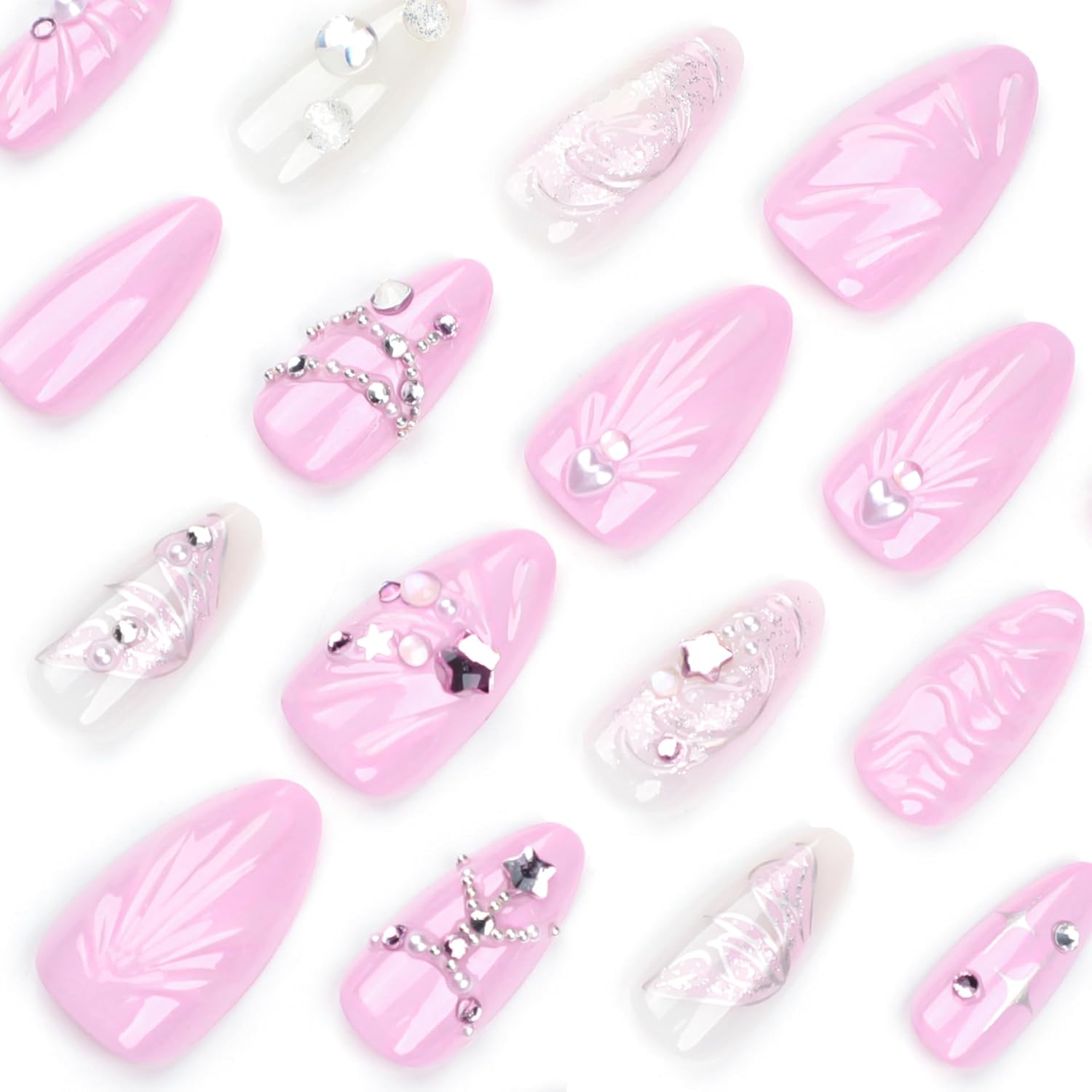 Glam Pink 3D Metallic Rhinestone Press-On Nails Fake Nails 24 Pcs – Free Shipping