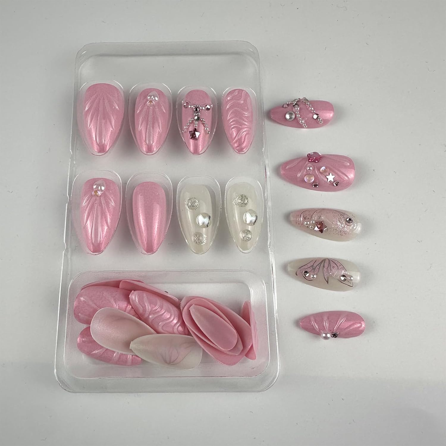 Glam Pink 3D Metallic Rhinestone Press-On Nails Fake Nails 24 Pcs – Free Shipping