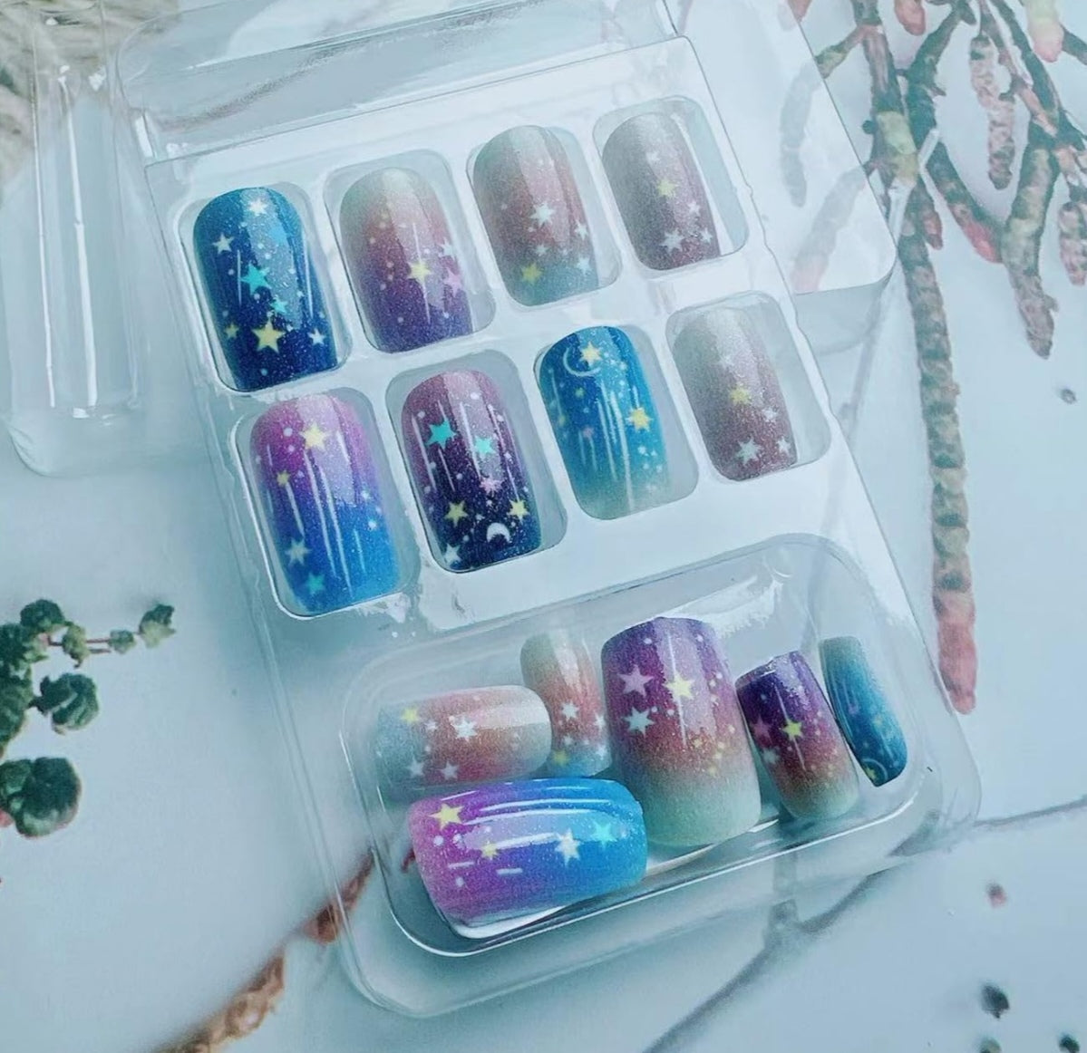 Glitter Star Moon Ombre Press-On Nails Fake Artificial Nails 24 Pcs – Free Shipping