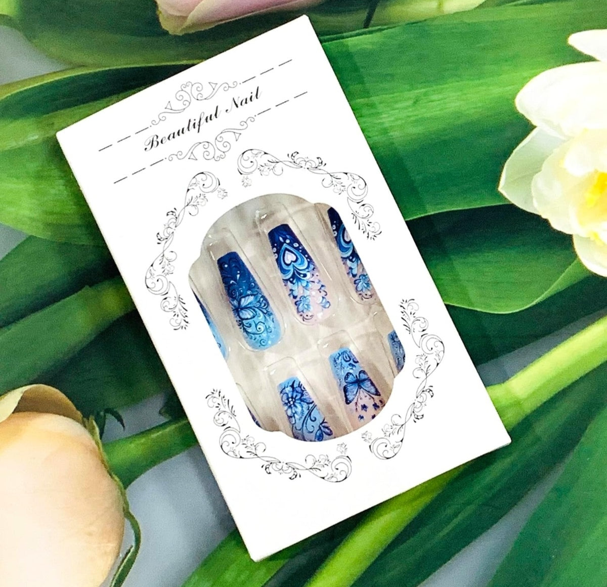 Stylish Blue Floral Butterfly Hearts Press-On Nails Artificial Nails 24 Pcs - Free Shipping
