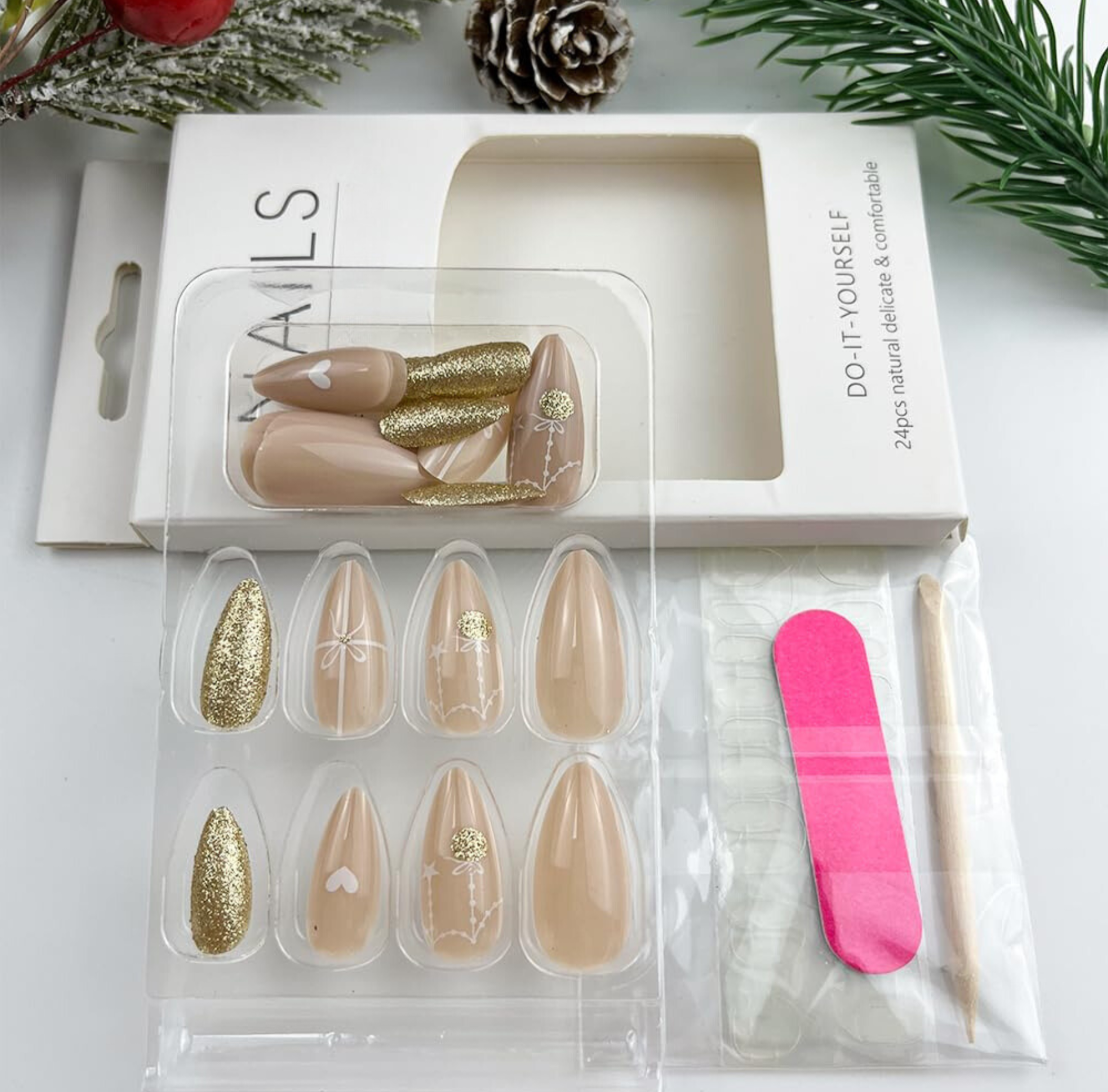 Elegant Christmas Bell Bow Glitter Almond Acrylic Press-On Nails False Nails-Free Shipping