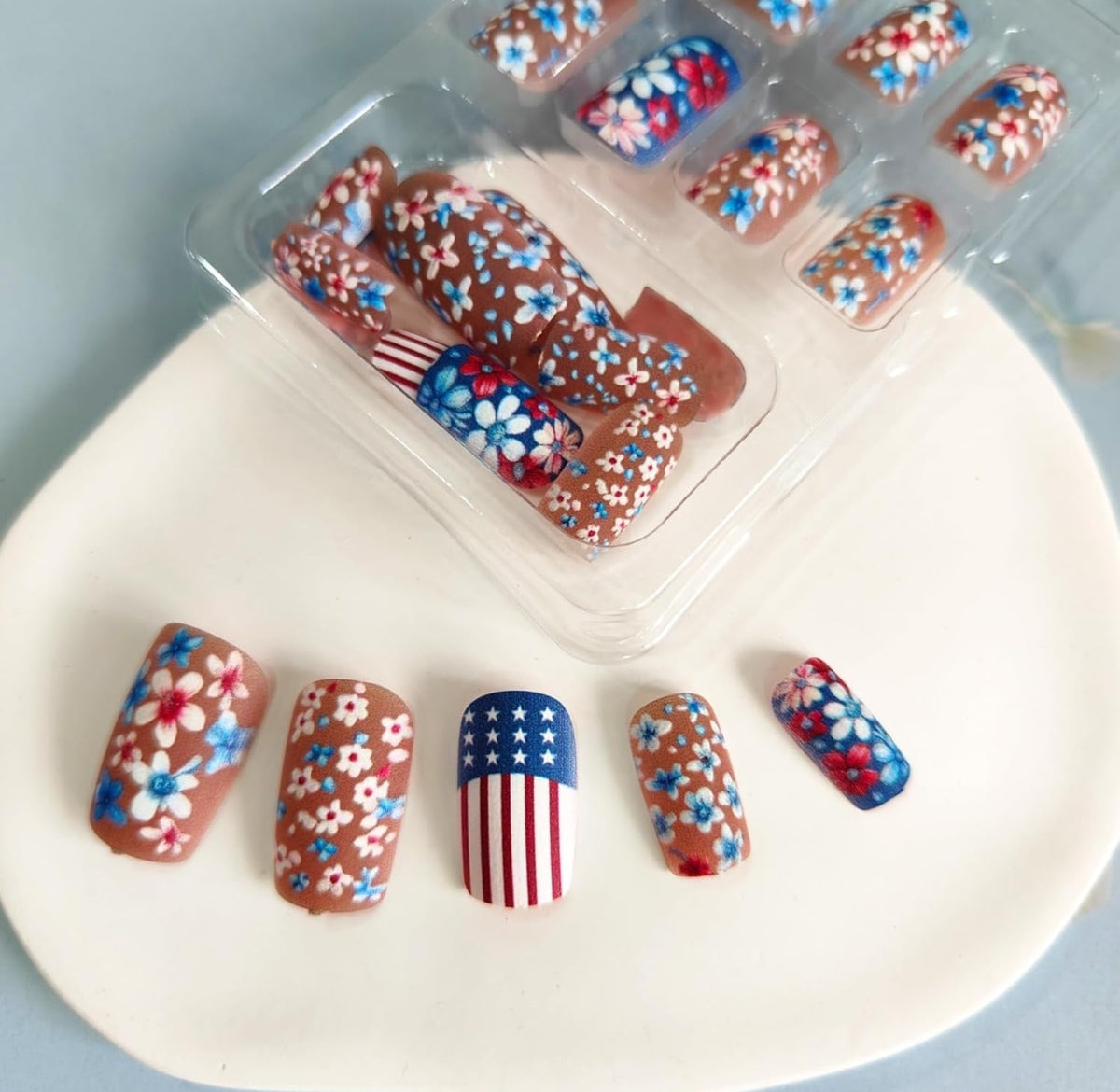 Red Blue Floral American Flag Design Press-On Nails Fake Artificial Nails 24 Pcs – Free Shipping