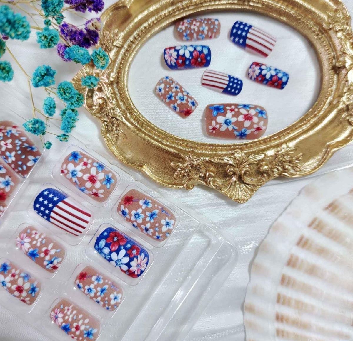 Red Blue Floral American Flag Design Press-On Nails Fake Artificial Nails 24 Pcs – Free Shipping