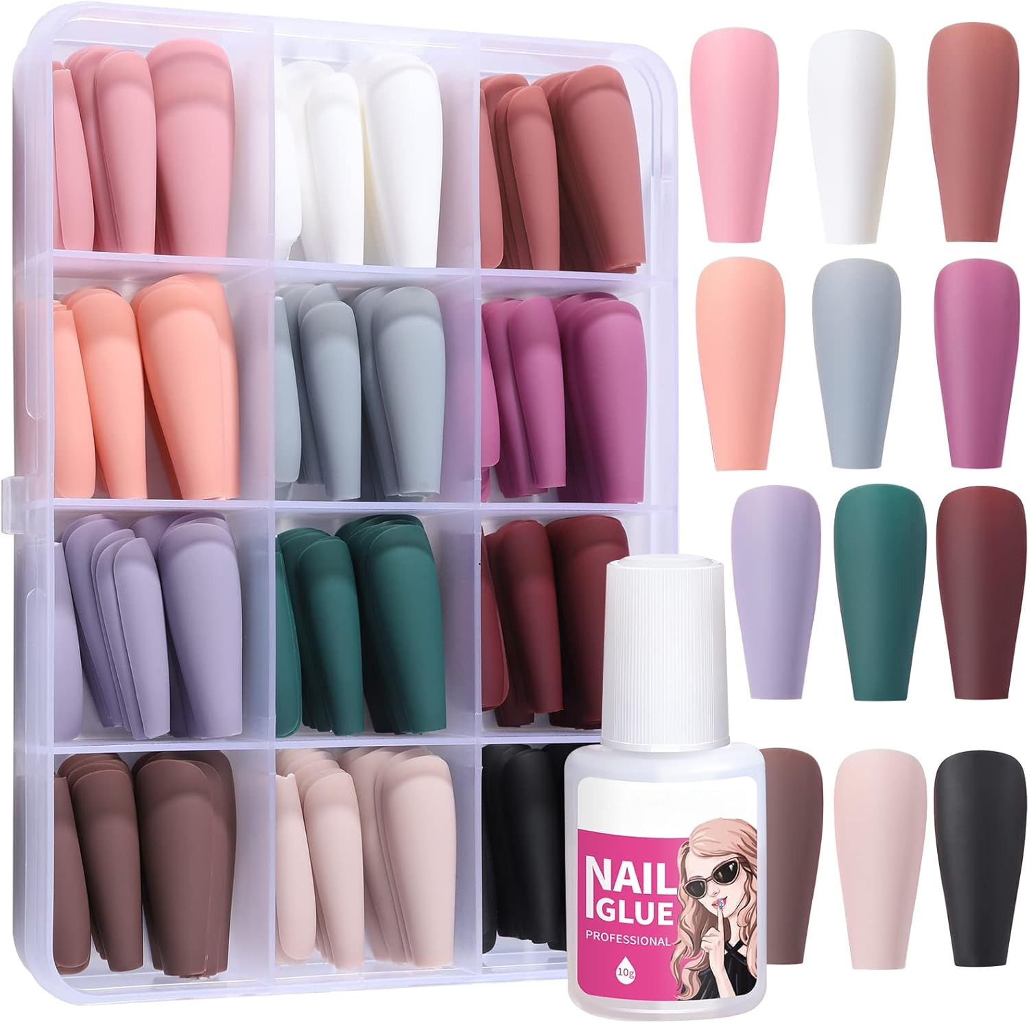 240pcs Matte Long Coffin Acrylic Glue-On Nails Kit 12 Full Set-Free Shipping
