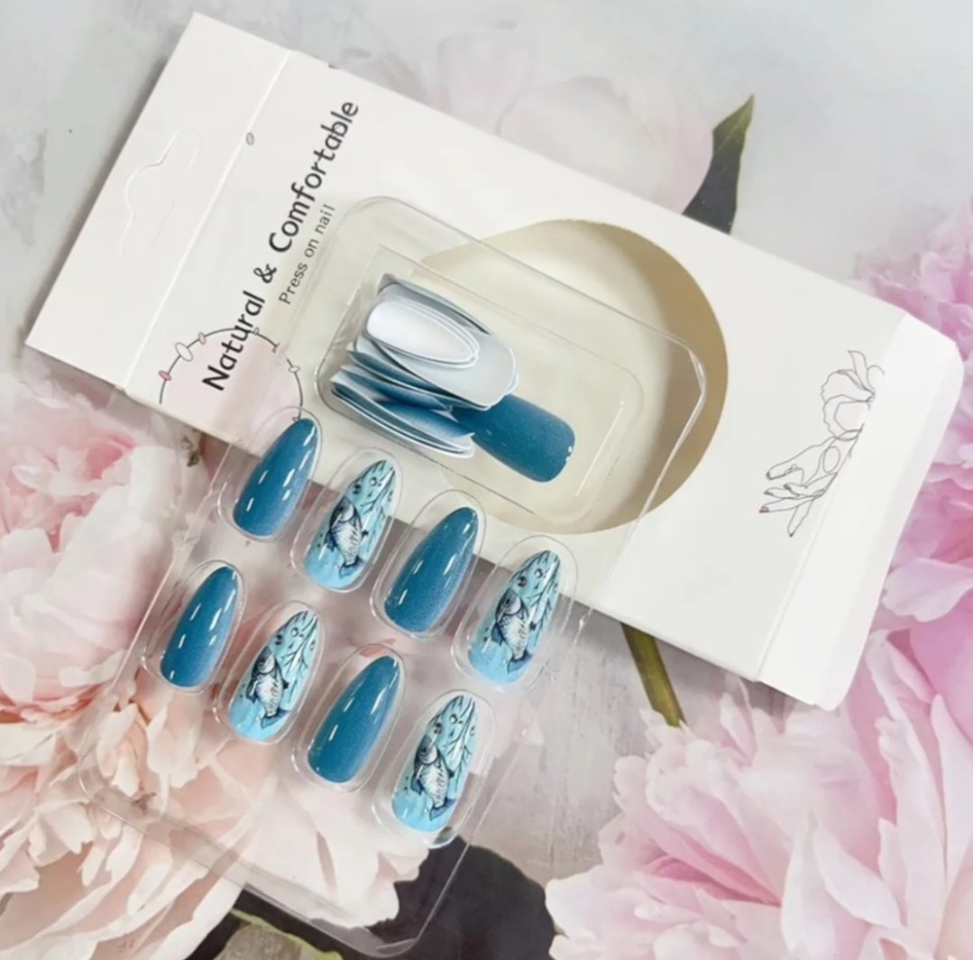 Chic Blue Ocean Fish Design Press-On Nails Fake Artificial Nails 24 Pcs – Free Shipping