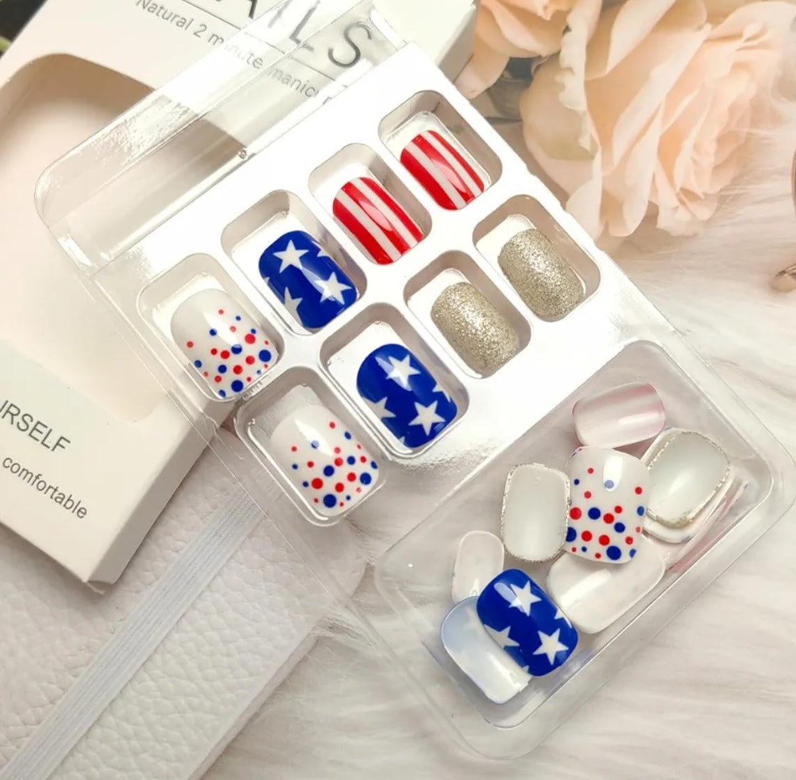 Chic Patriotic Stars Dots Glitter Press-On Nails Fake Artificial Nails 24 Pcs - Free Shipping