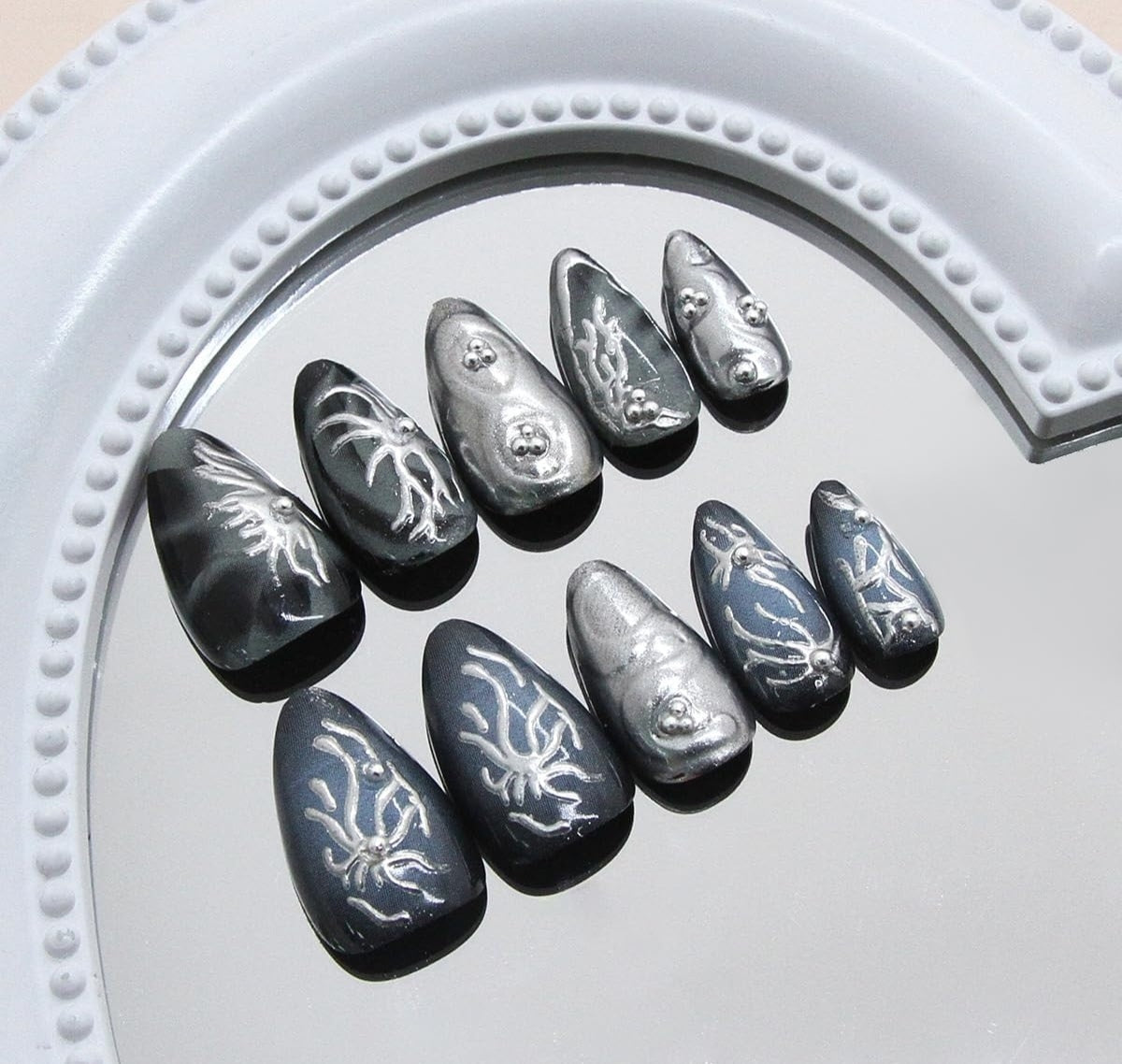 Gothic Black Silver Abstract Rhinestone Almond Press-On Nails Artificial Nails 30 Pcs - Free Shipping