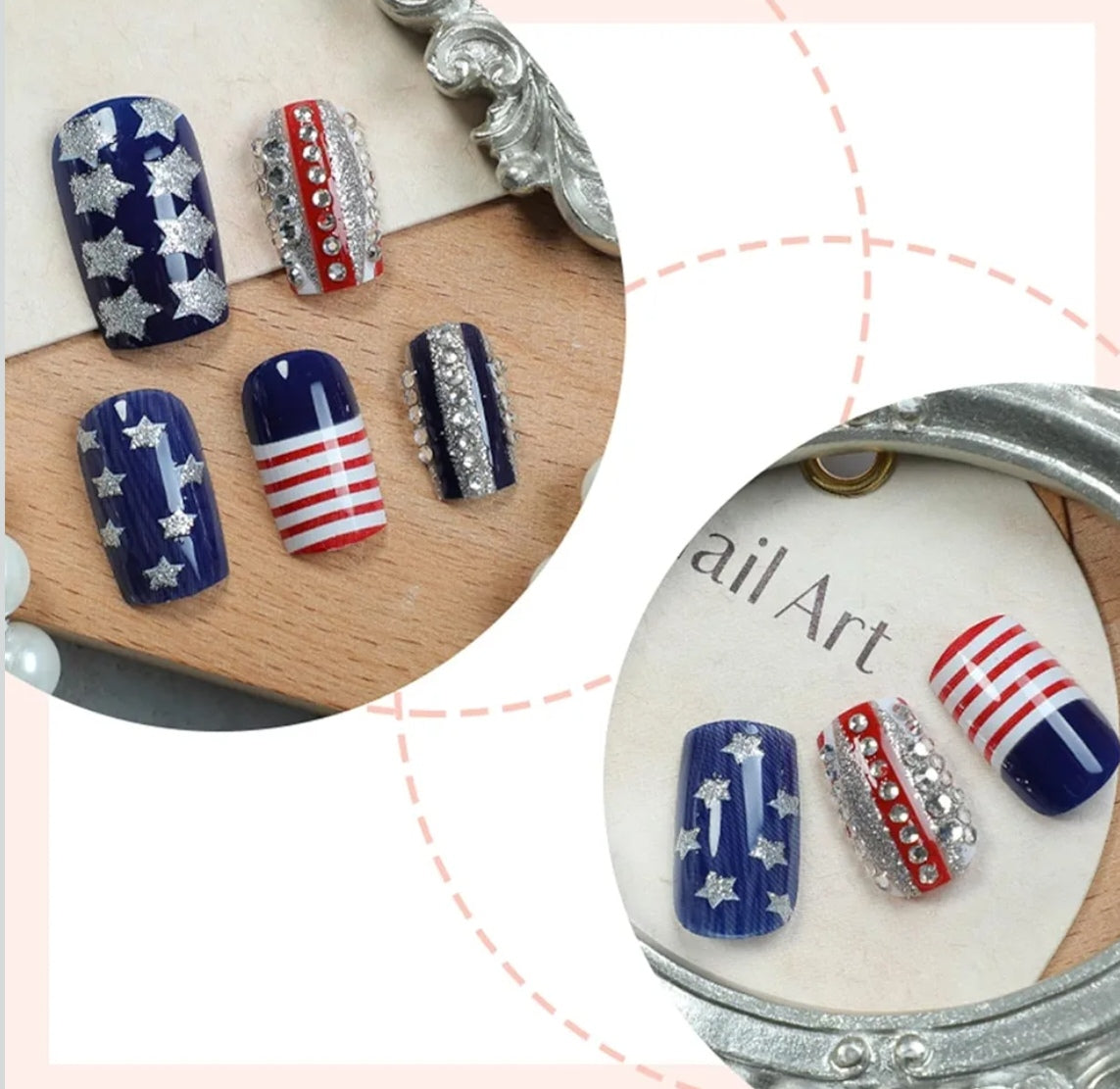 Stylish Patriotic Rhinestone Stars and Stripes Press-On Nails Fake Artificial Nails 24 Pcs – Free Shipping