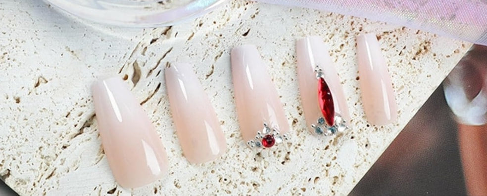 Elegant White 3D Red Rhinestone Ombre Press-On Nails Fake Nails 24 Pcs – Free Shipping