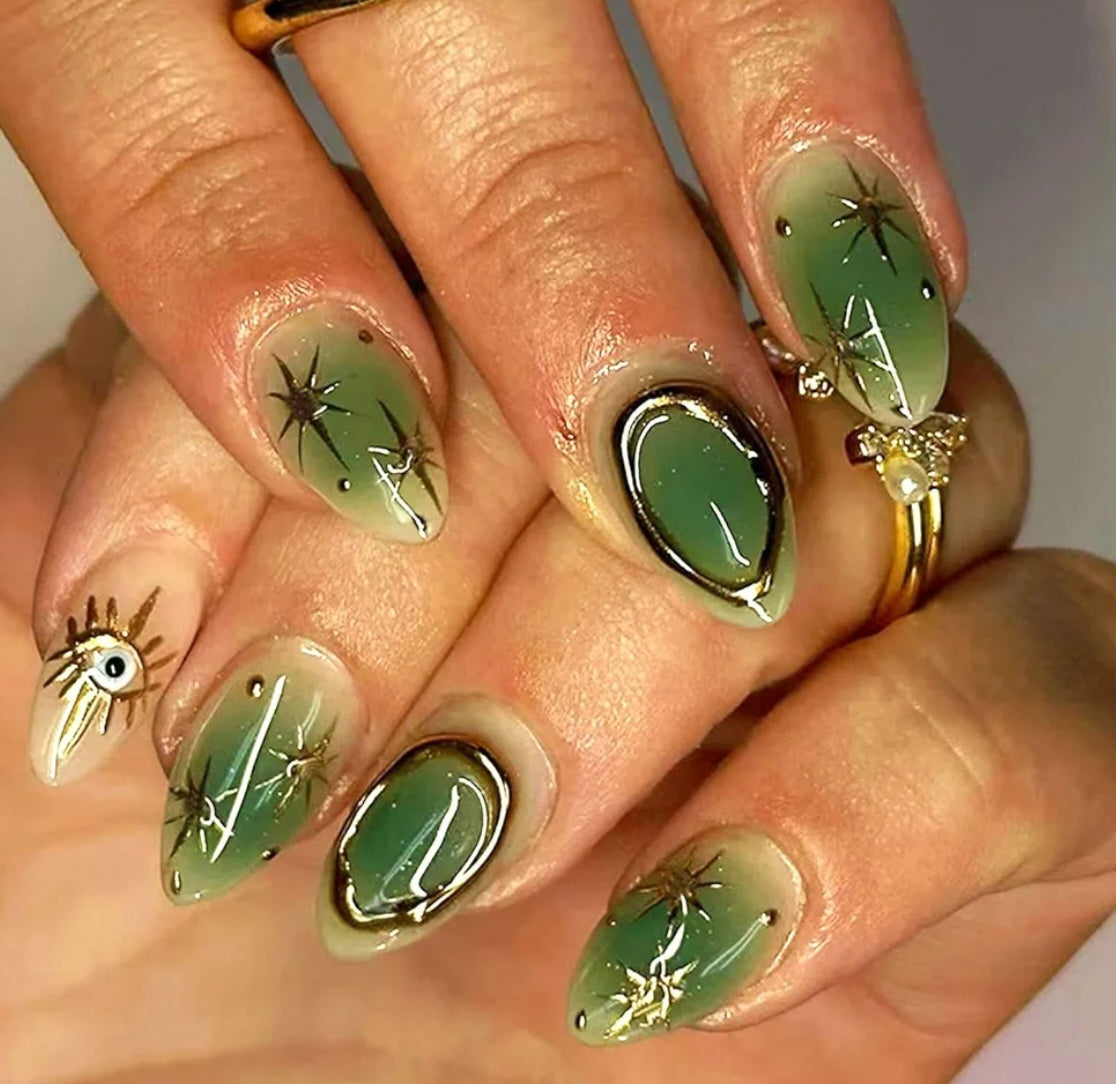 Stylish Celestial Radiant Green Design Press-On Fake Artificial Nails 24 Pcs – Free Shipping