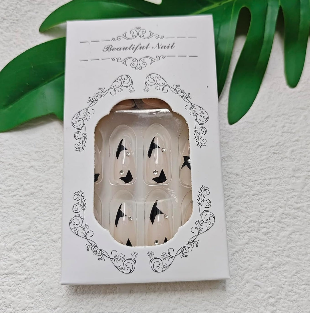 Black Star Rhinestone Almond Press On Acrylic Fake Nails - Free Shipping