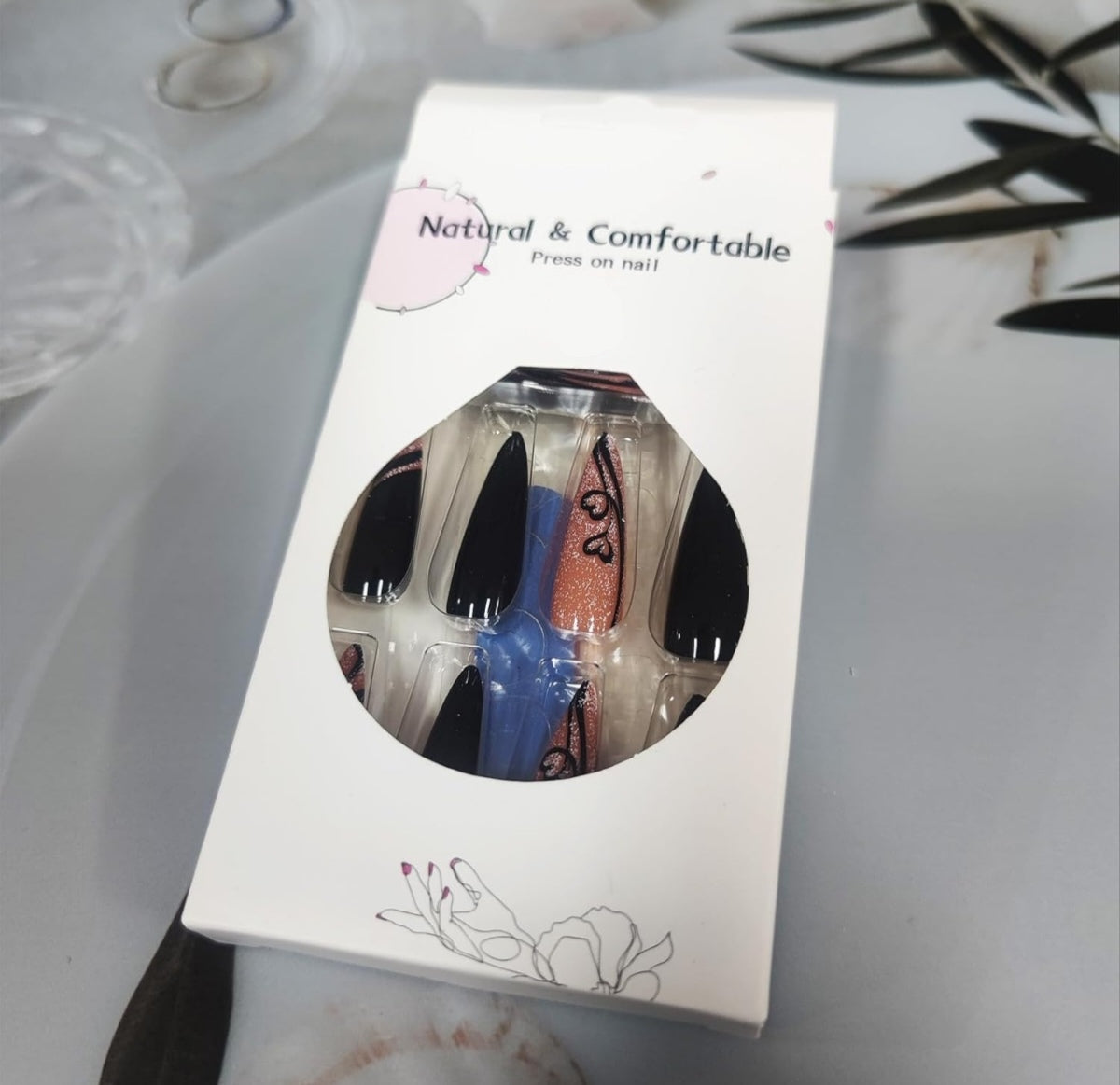 Glamorous Black Brown Heart Glitter Long Stiletto Press-On Nails Acrylic Fake Nails-Free Shipping