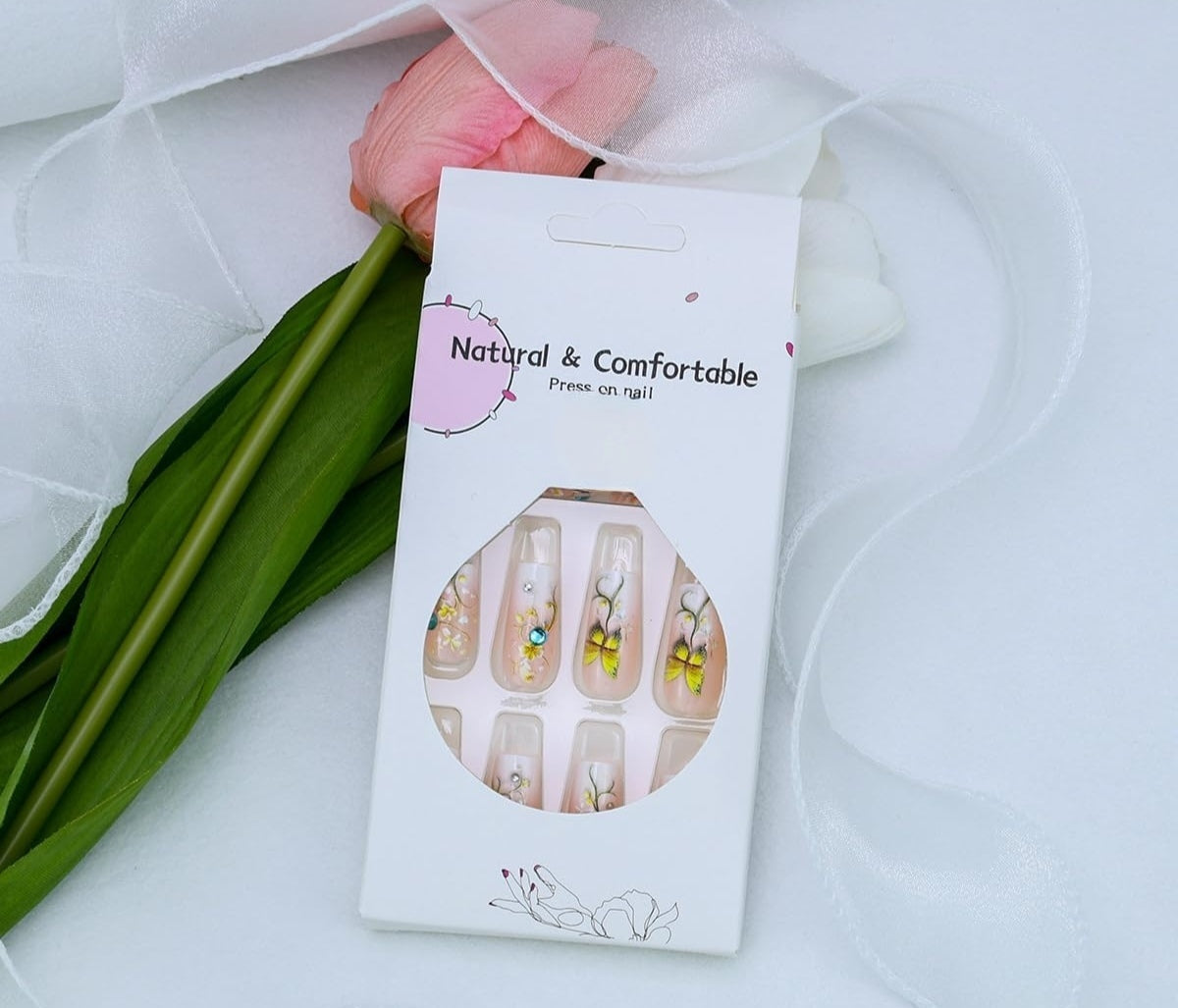 Butterfly French Floral Rhinestone Press-On Nails Fake Nails 24 Pcs - Free Shipping