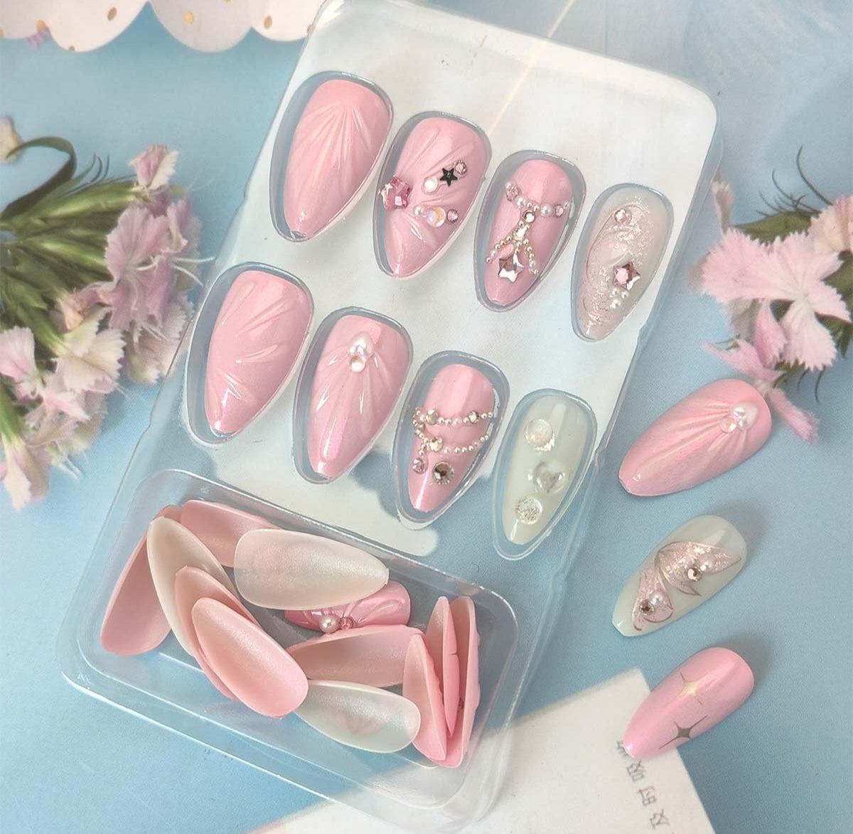 Glam Pink 3D Metallic Rhinestone Press-On Nails Fake Nails 24 Pcs – Free Shipping