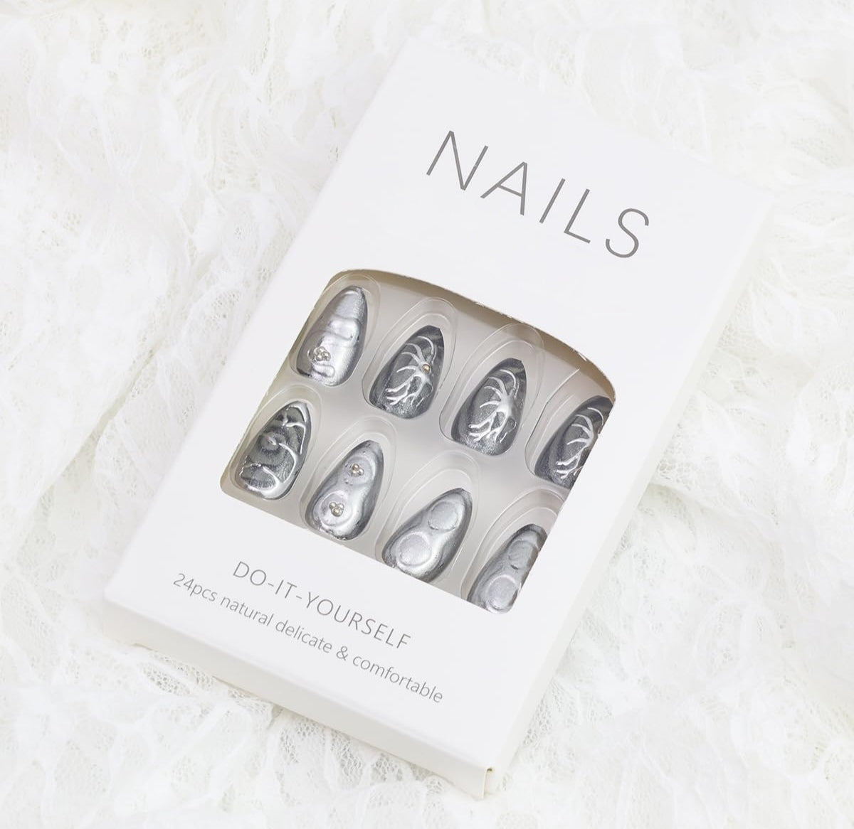 Gothic Black Silver Abstract Rhinestone Almond Press-On Nails Artificial Nails 30 Pcs - Free Shipping