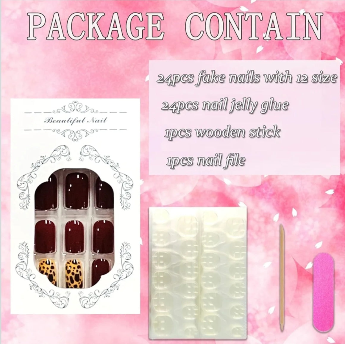 Chic Burgundy Leopard Print Press-On Nails Fake Artificial Nails 24 Pcs - Free Shipping