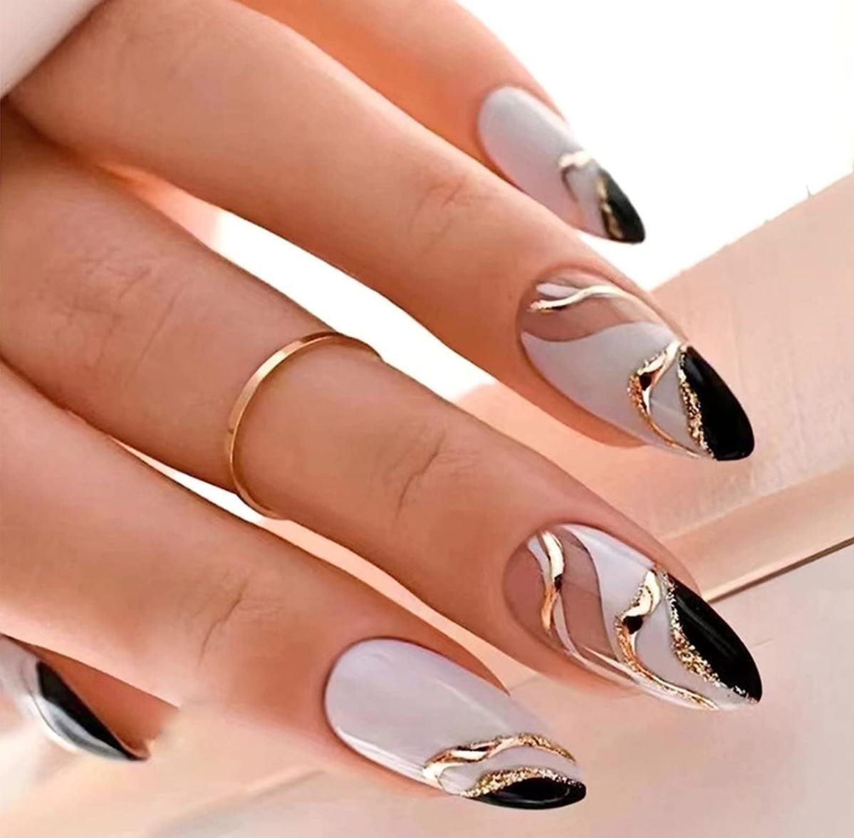 Glamorous Black Gold Abstract Almond Press-On Acrylic Fake Nails-Free Shipping