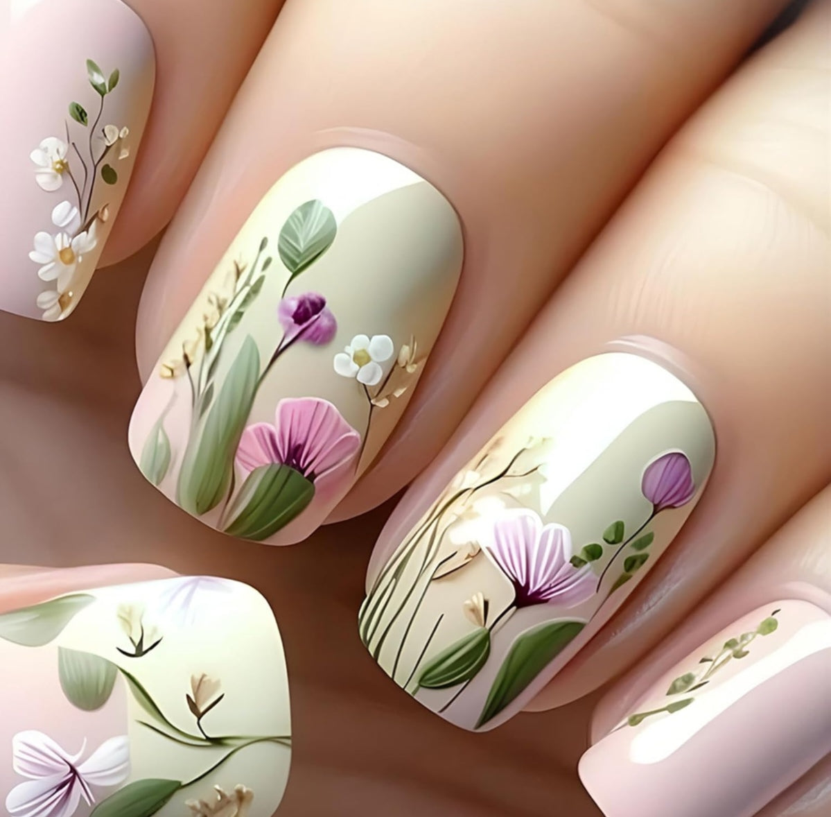Stunning Hand-Painted Spring 3D Floral Press-On Nails Fake Artificial Nails 24 Pcs – Free Shipping