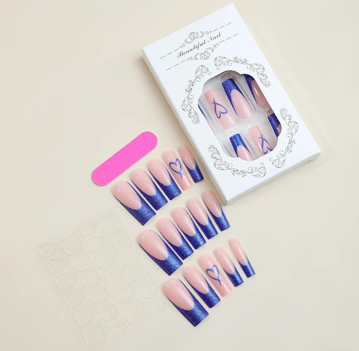 Blue Heart French Glitter Long Coffin Press-On Nails Acrylic False Nails-Free Shipping