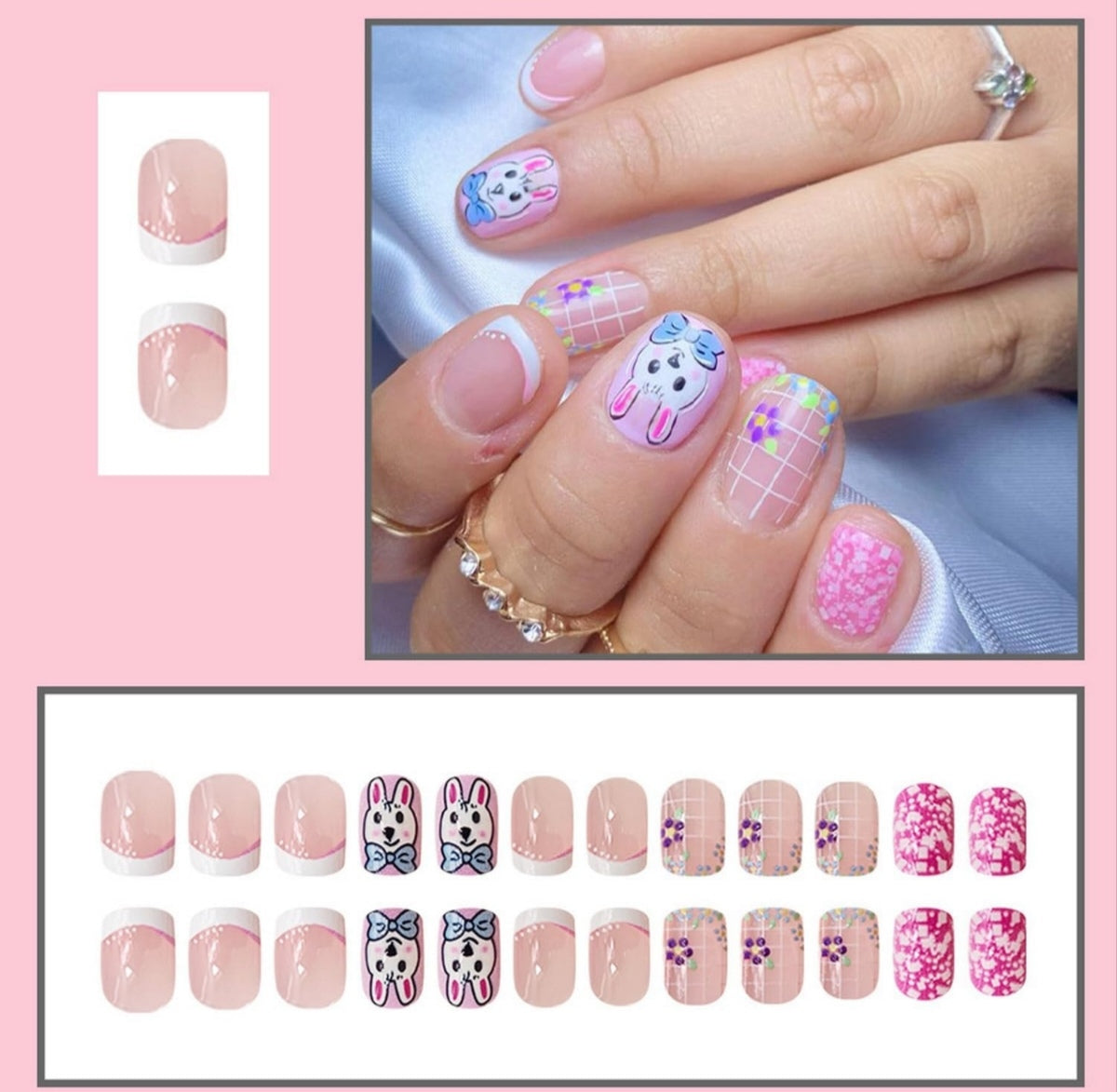Cute Spring Bunny Floral French Press-On Nails Fake Artificial Nails 24 Pcs – Free Shipping