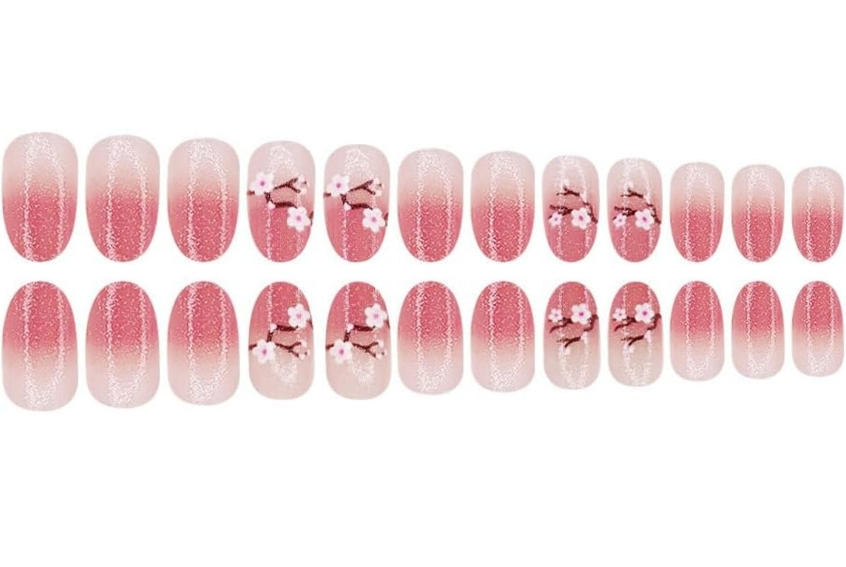 Pink Glitter Spring Cherry Blossom Press-On Nails Fake Artificial Nails 24 Pcs-Free Shipping